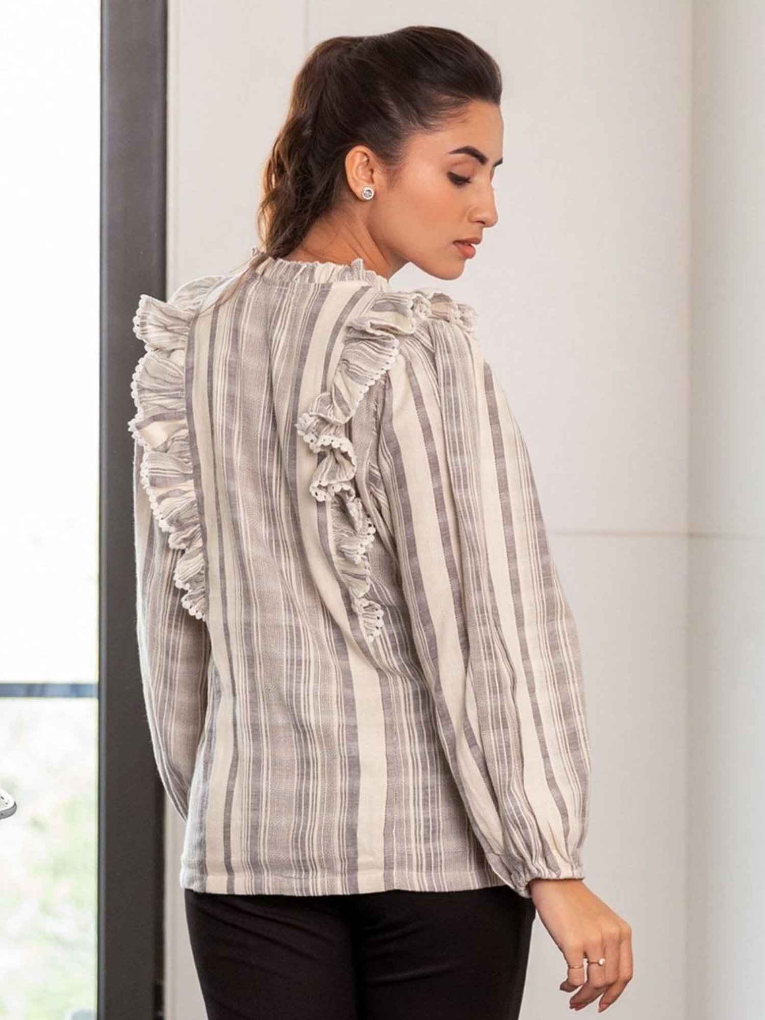 BInfinite Grey Cosmo Striped Ruffled Shirt