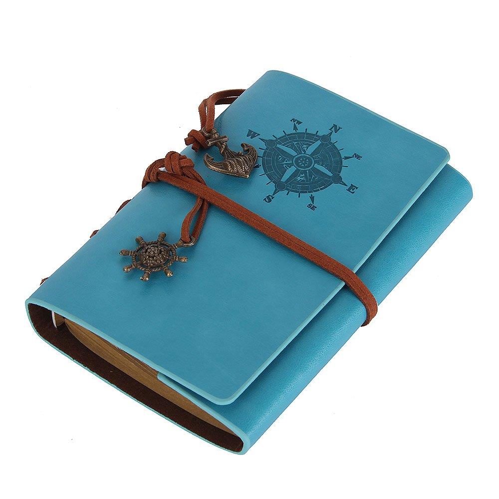 Leather Writing Journal Notebook, EvZ 5 Inches Vintage Nautical Spiral Blank String Diary Notepad Sketchbook Travel to Write in, Unlined Paper, Retro Pendants, Classic Embossed, Sky Blue