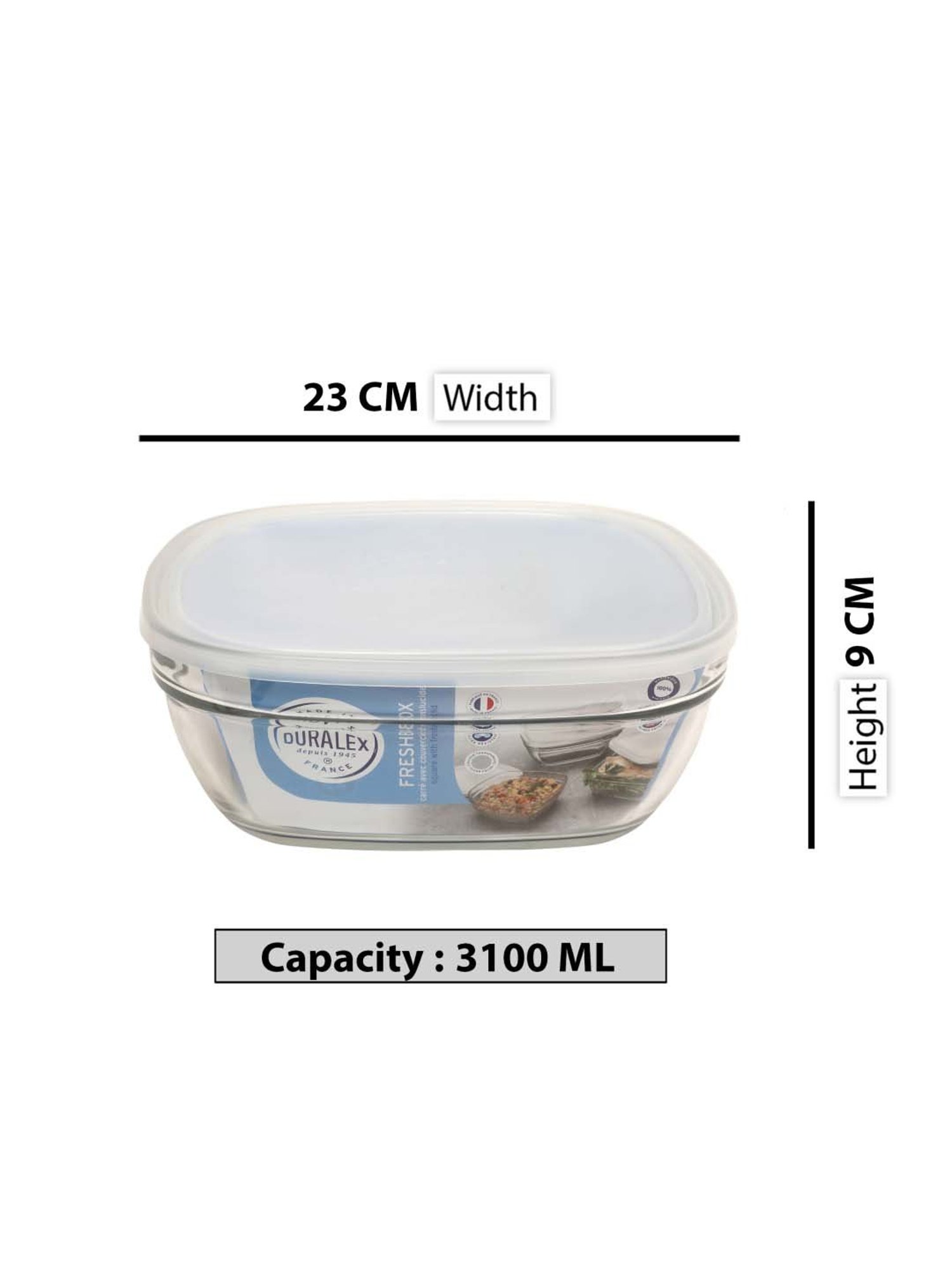 Duralex 'Freshbox' Transparent & White Glass 23 cm Container With Lid (3.1 L) - Set of 1