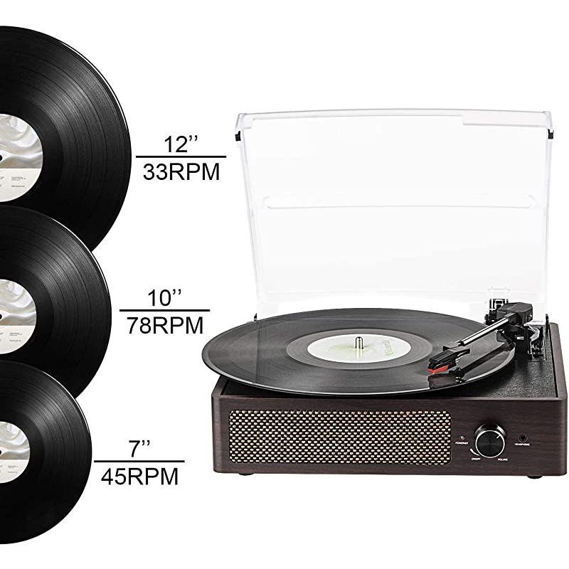 Record Player Belt-Driven 3-Speed Turntable, Vintage Vinyl Record Players Built-in Stereo Speakers, with Headphone Jack/ Aux Input/ RCA Line Out, Wooden (Brown)