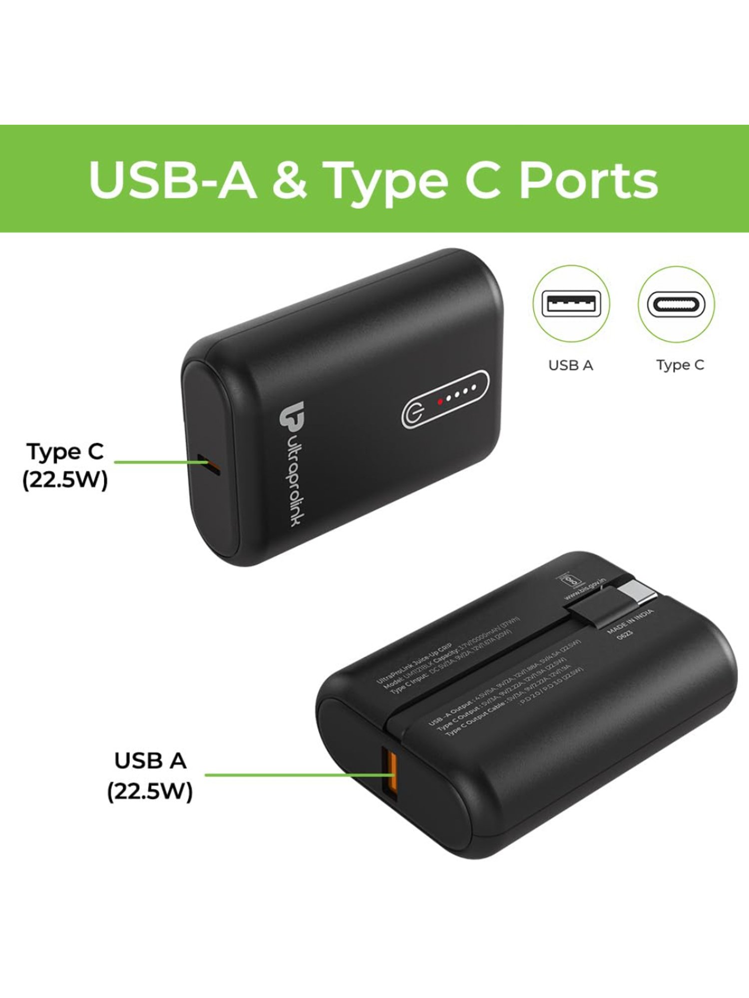 UltraProlink UM1121 10000mAh 22.5W Juice-UP Grip Compact Power Bank with LED Indicators (Black)