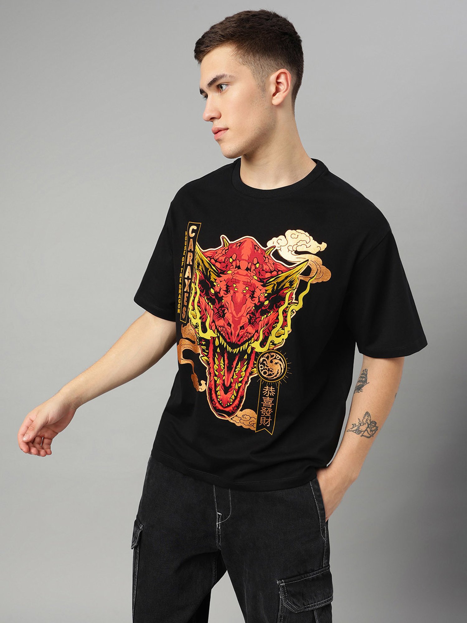 Free Authority Black Loose Fit House Of Dragon Print T-Shirt
