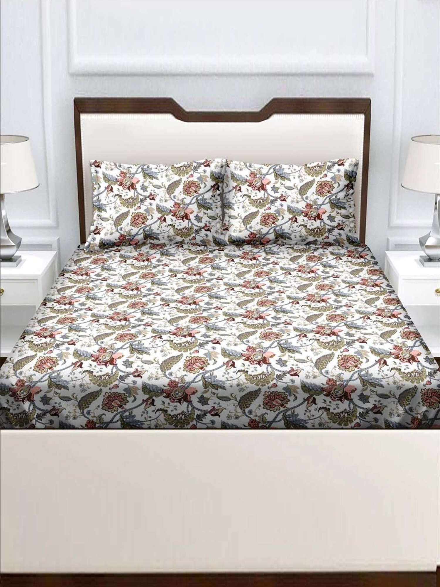 BELLA CASA Genteel Floral Multicolor 180 TC Cotton Bedsheet with 2 Pillow Covers
