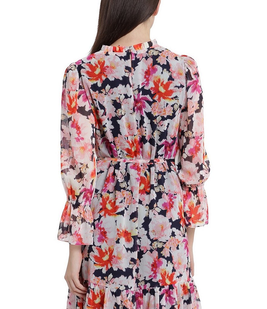Maggy London Ruffle Crew Neck Long Sleeve Floral Knee Length Dress