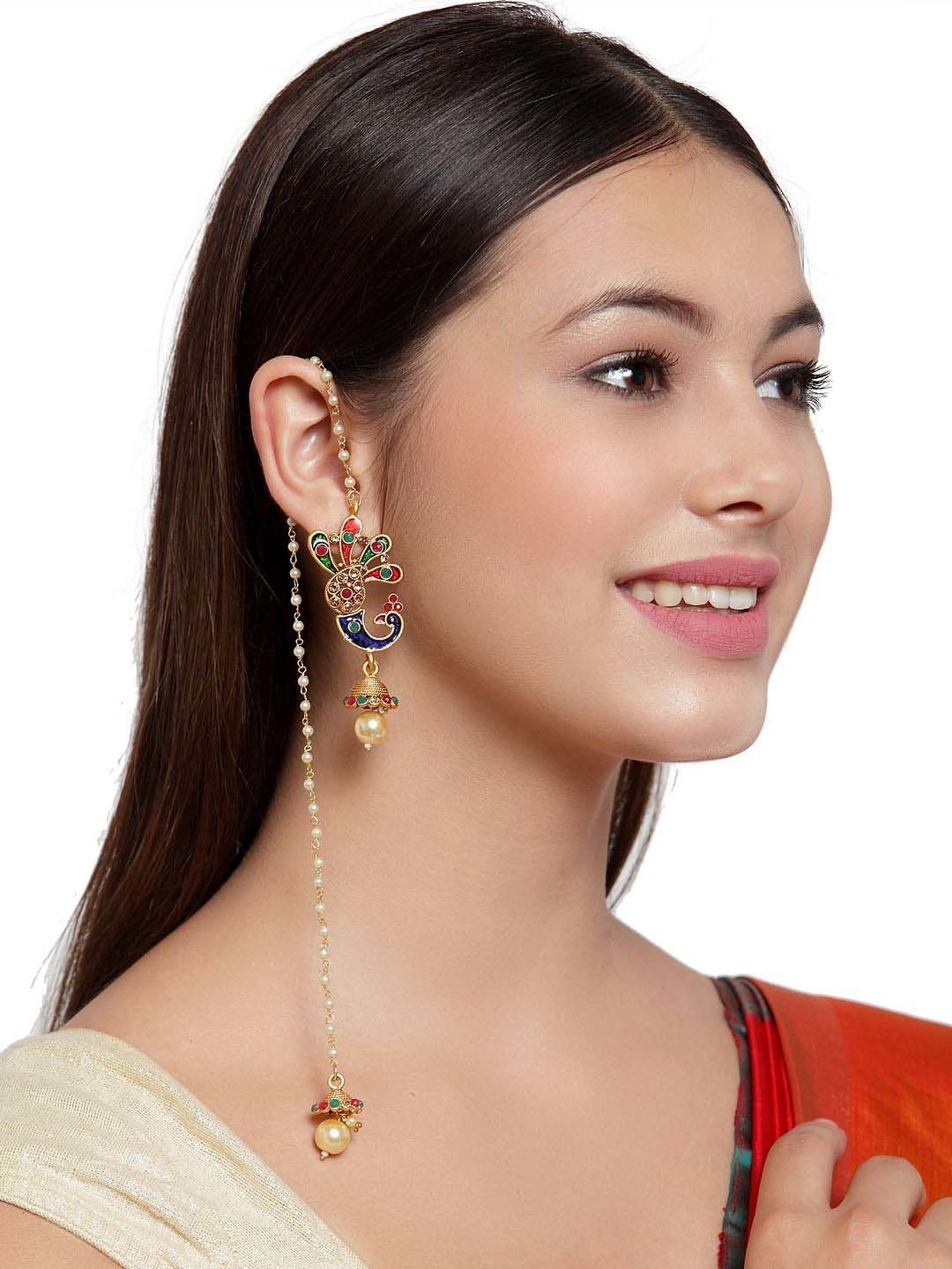 Panash Gold-Plated Peacock Shaped Meenakari Long Jhumki Earrings
