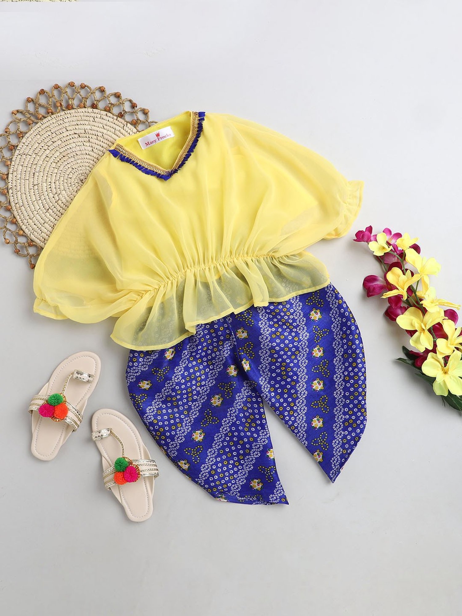 Many Frocks Kids Yellow & Navy Printed Full Sleeves Top with Dhoti