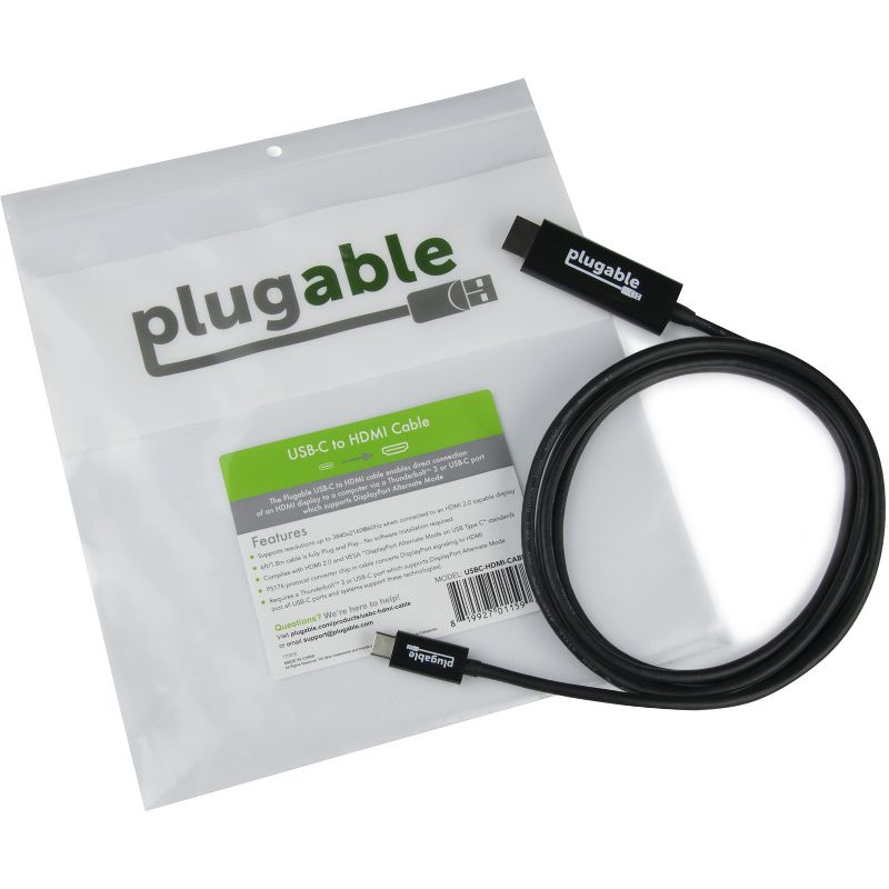 Plugable USB C to HDMI 2.0 Cable (6'/1.8m) for 2017/2018 MacBook Pro, Dell XPS 13 & 15, Surface Book 2, Thunderbolt 3 & More (Supports Resolutions ...