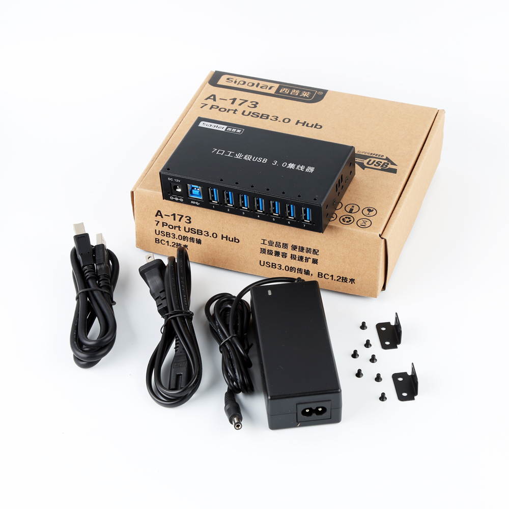 Aluminum 7 Ports USB 3.0 Charger Hub Multi Port USB Splitter With 12V 3A Power Adapter LED Indicator Bracket A-173 1.0M date cable with us plug adapter