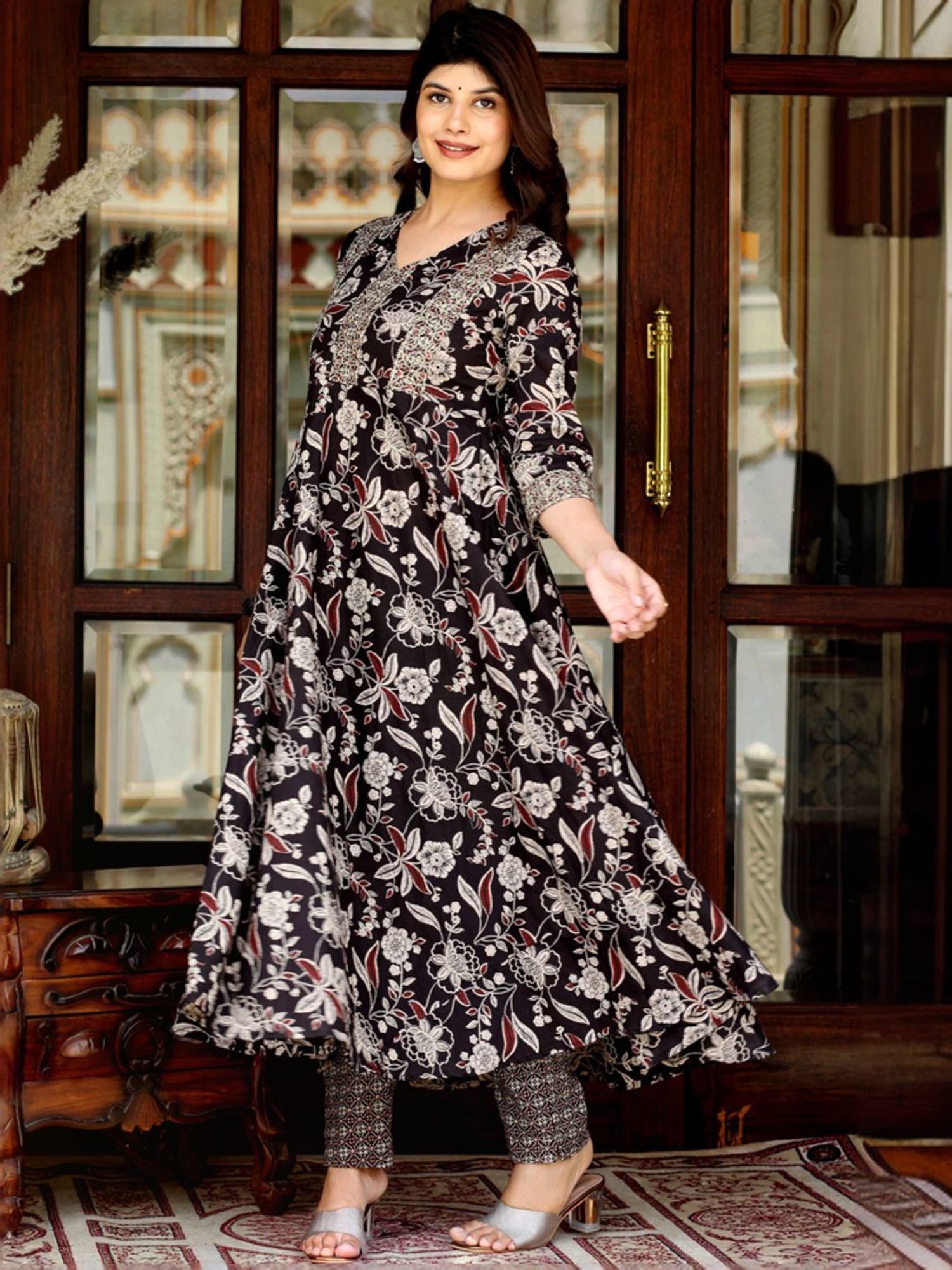 Miravan Black Cotton Embroidered Kurta Pant Set