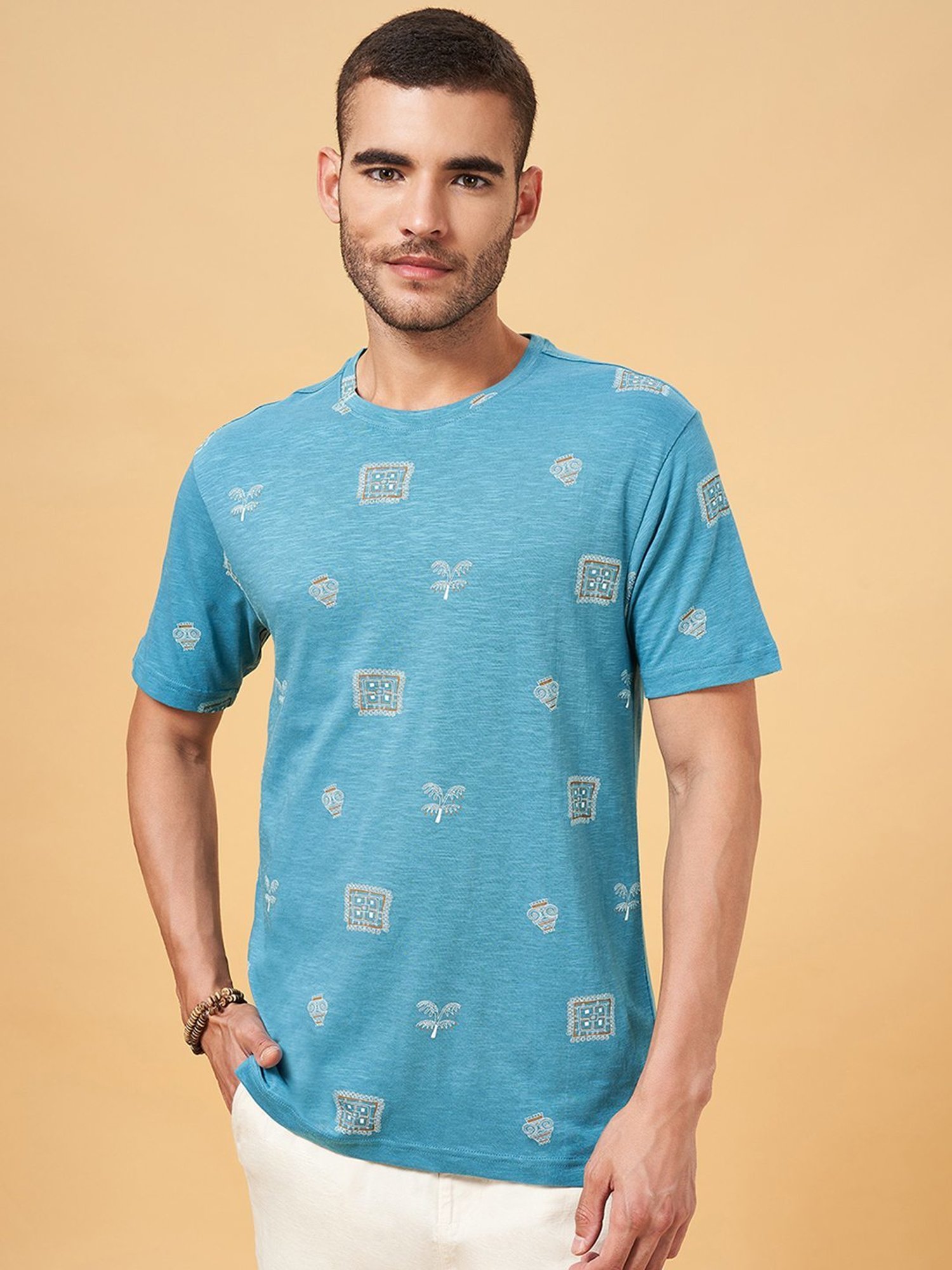 7 Alt by Pantaloons Teal Cotton Relaxed Fit Printed T-Shirt