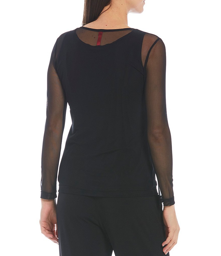 IC Collection Sheer Mesh Round Neck Long Sleeve Knit Top