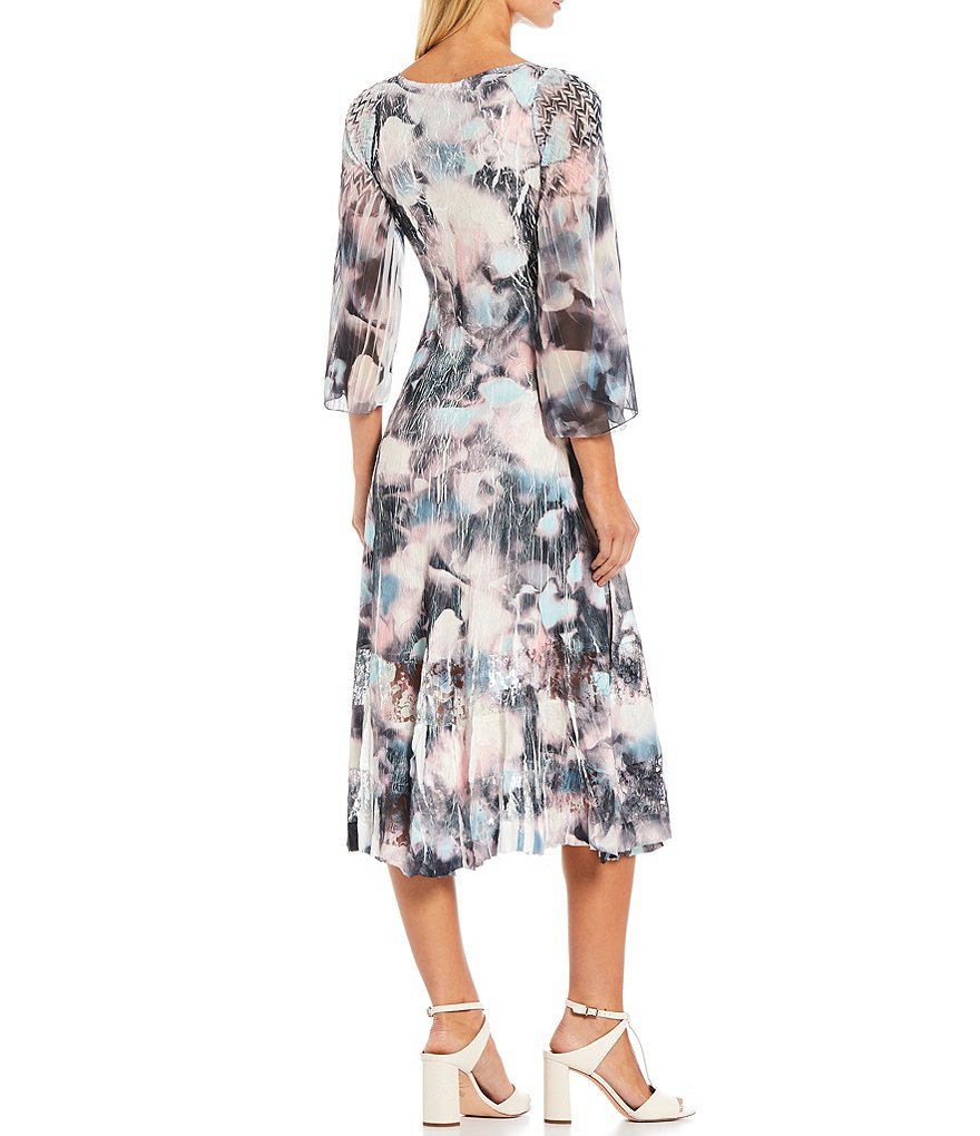 Komarov V-Neck 3/4 Bell Sleeve Floral Printed Charmeuse A-Line Midi Dress