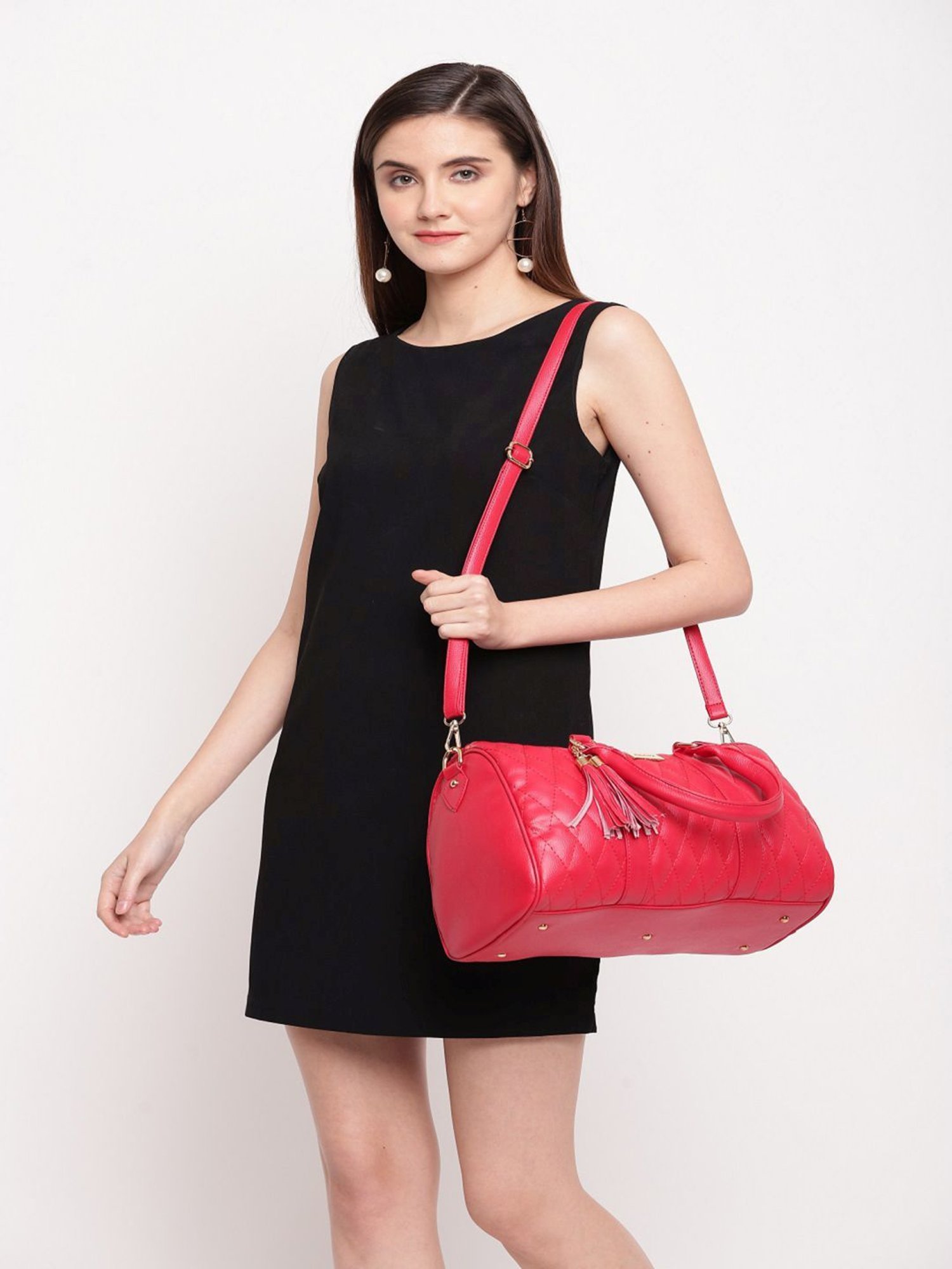 KLEIO Red Textured Medium Bowler Handbag