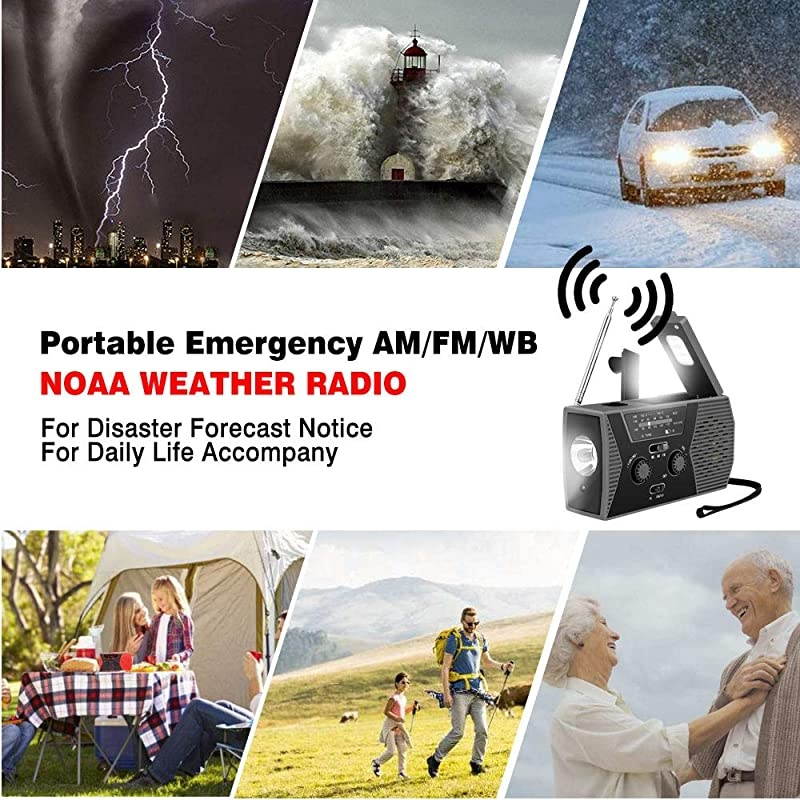 Emergency Solar Hand Crank Portable Radio,AM/FM NOAA Weather Radio for Household and Outdoor Survival with LED Flashlight, 2000mAh USB Charger, Reading Lamp,SOS Alarm(Gray)