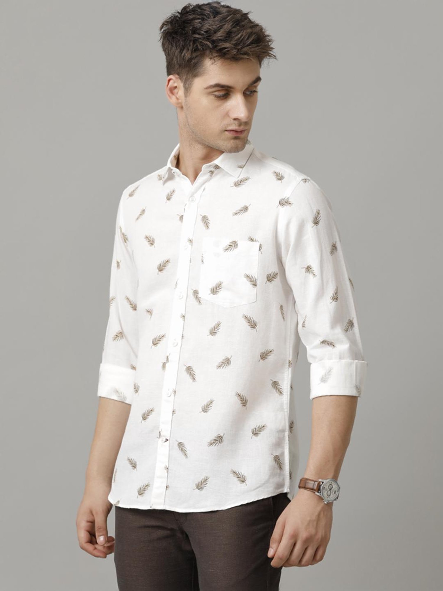 Linen Club White Linen Contemporary Fit Printed Shirt