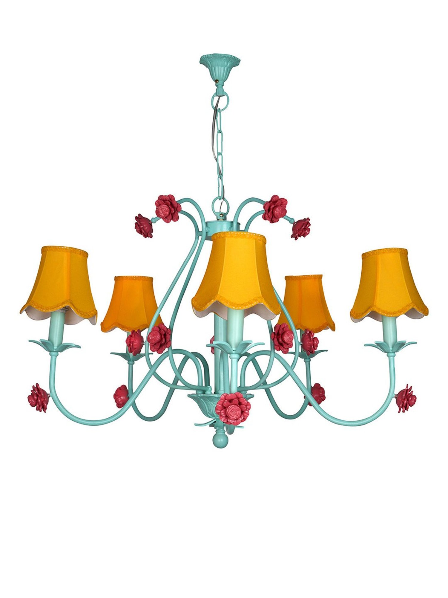 Fos Lighting 36-Inch Wide 5-Light Steel Ceiling Chandelier With Yellow Scallop Bell Fabric Shades