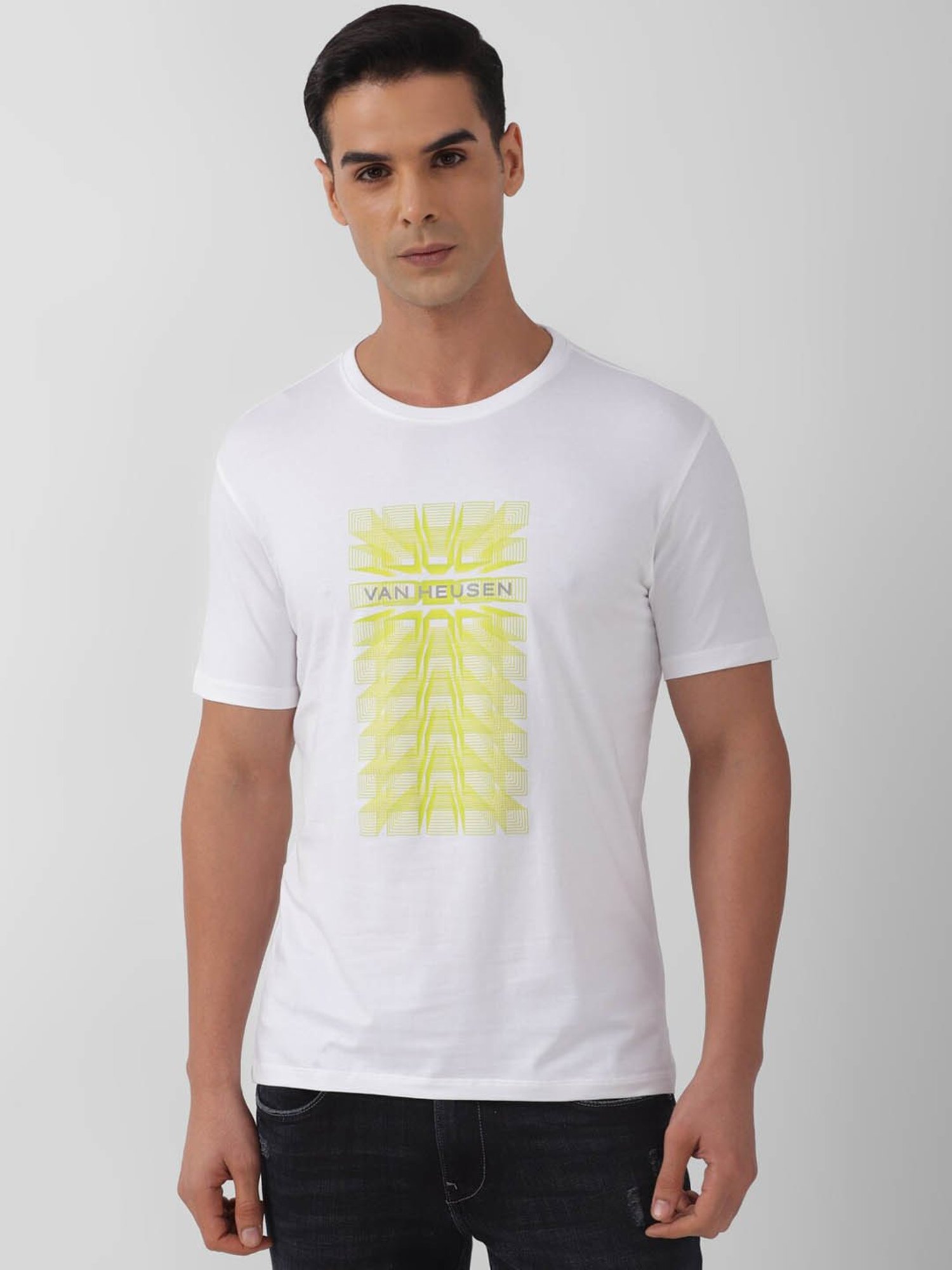 V Dot White Cotton Slim Fit Printed T-Shirt