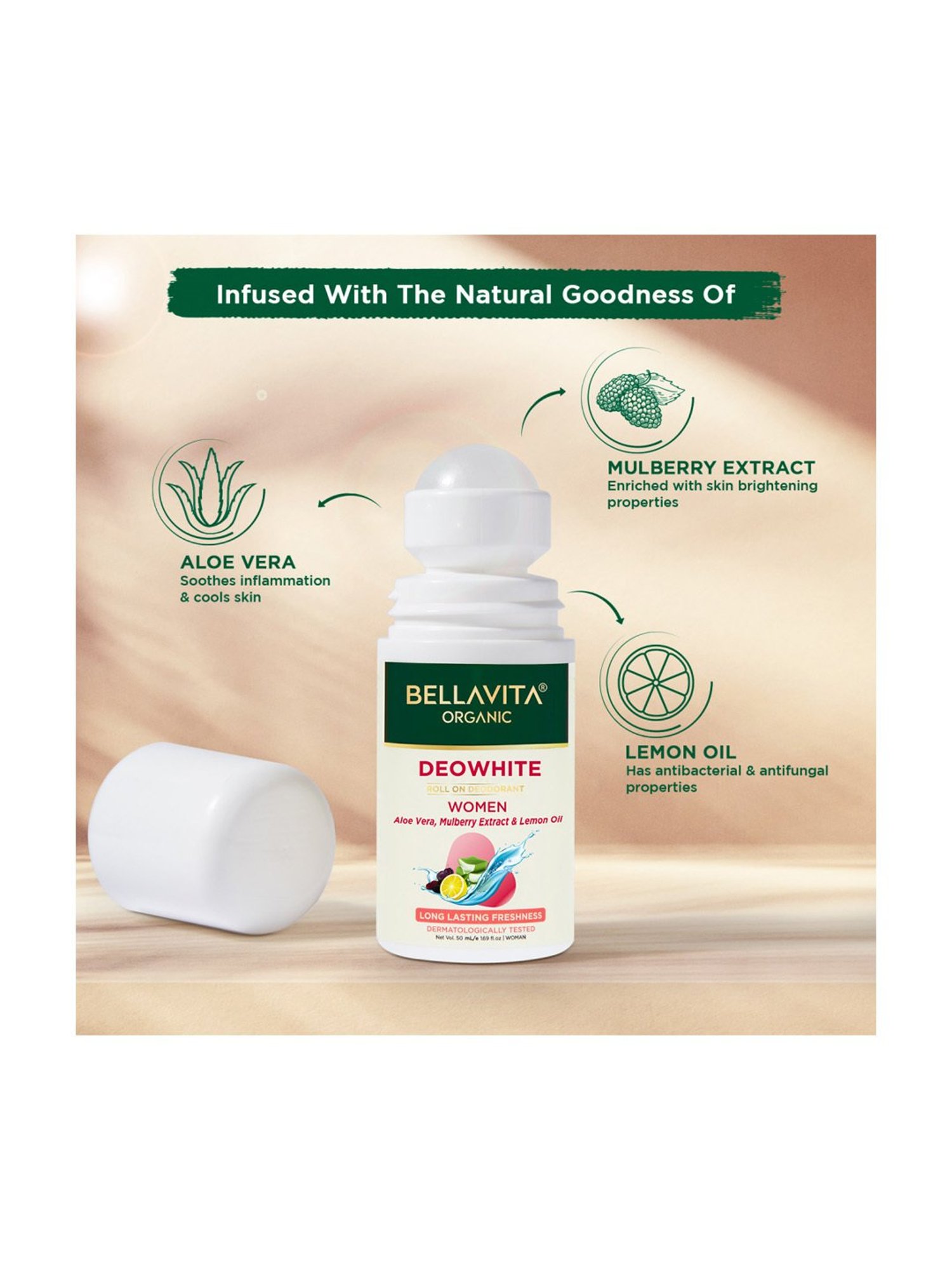 Bella Vita Organic Deo White Underarm Whitening Natural Roll On Deodorant for Women - 50 ml