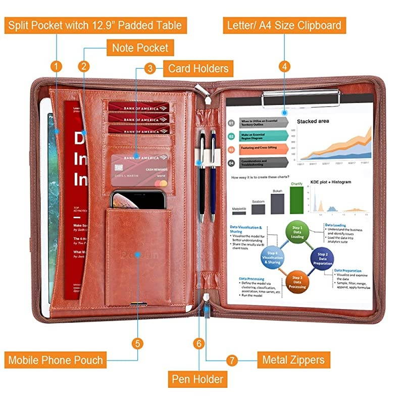 Zippered Leather Padfolio Portfolio with Hidden Handle and Clipboard Business Conference Portfolio Organizer Notepad Folder Portfolio Bag Portfolio Padfolio for WomenMen Brown