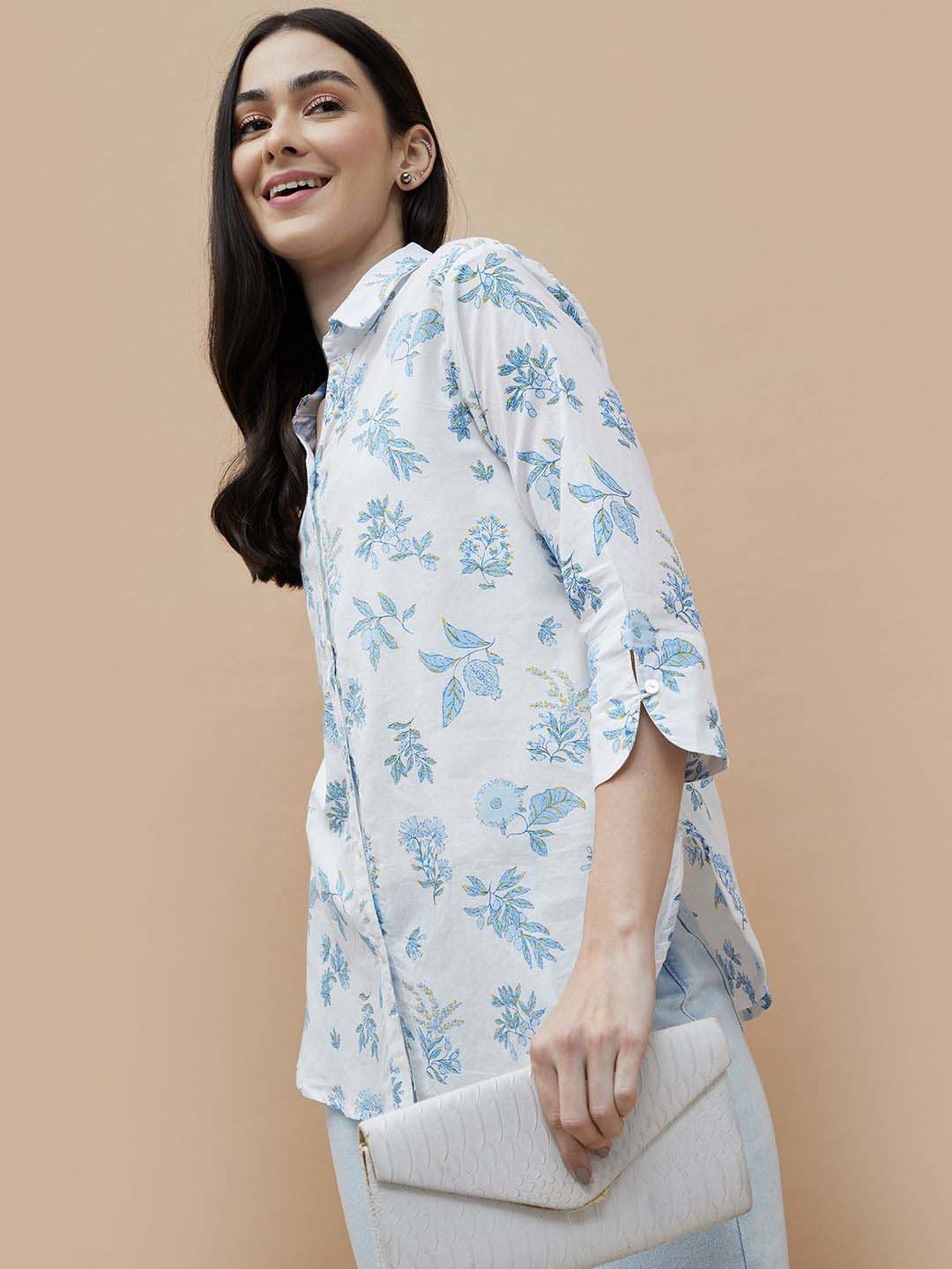 Colour Me by Melange White Cotton Printed Shirt