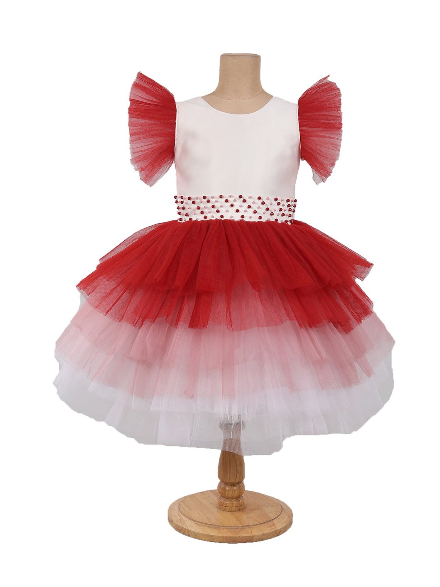 The Magic Wand Kids White & Maroon Embellished Dress