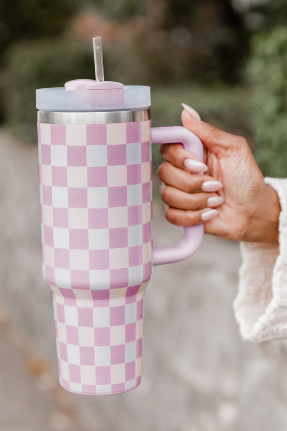 Pink Checkered Print Handled Stainless Steel Tumbler Cup