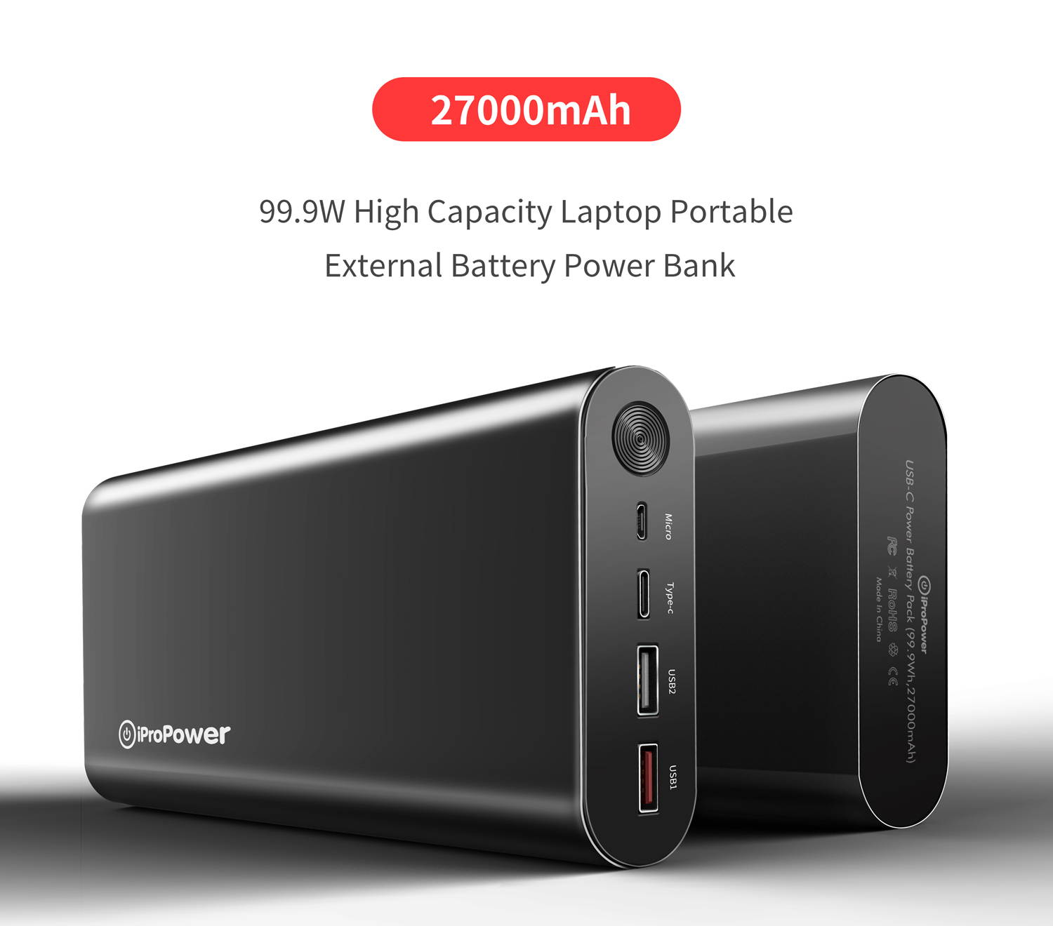 100Wh USB-C PD Power Bank 27000mAh, iProPower Portable External Battery Pack Power Delivery Charger for MacBook Air/Pro Laptop Tablet iPhone Smartphone