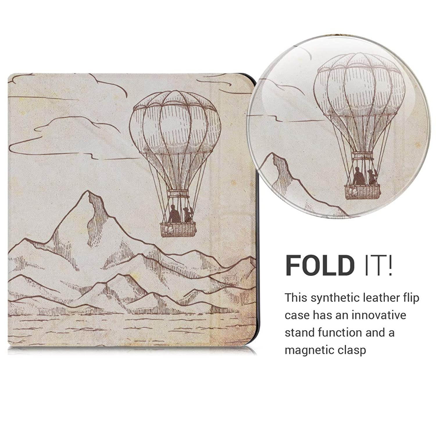 kwmobile Origami Case Compatible with Kobo Libra H2O - Slim Premium PU Leather Cover with Stand - Hot Air Balloon Dark Brown/Beige