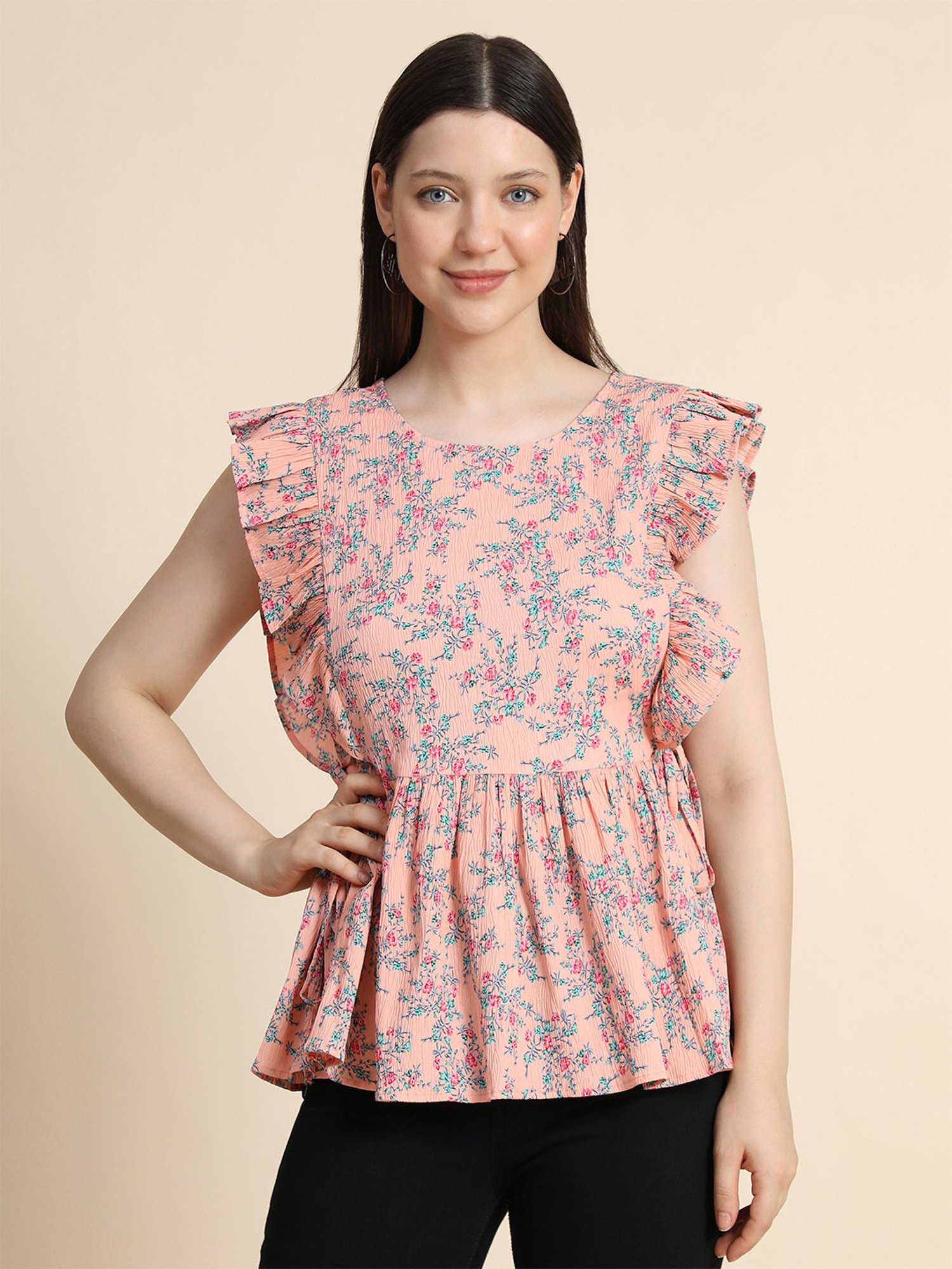 KERI PERRY Peach Cotton Floral Print Top
