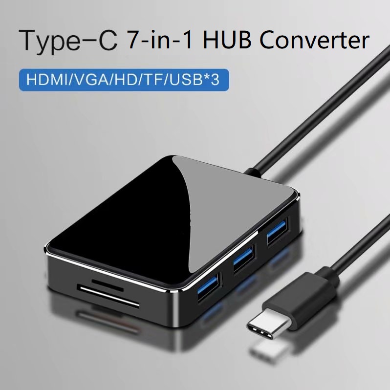 7in1 Type-C to HDMI VGA 3 x USB3.0 Adapter with SD/TF Card Reader and Glass Surface, 7-in-1 USB-C HUB with HDMI VGA USB SD TF Port, USB C to 4K HDMI VGA 3 USB 3.0 SD/TF Card Reader Dock.