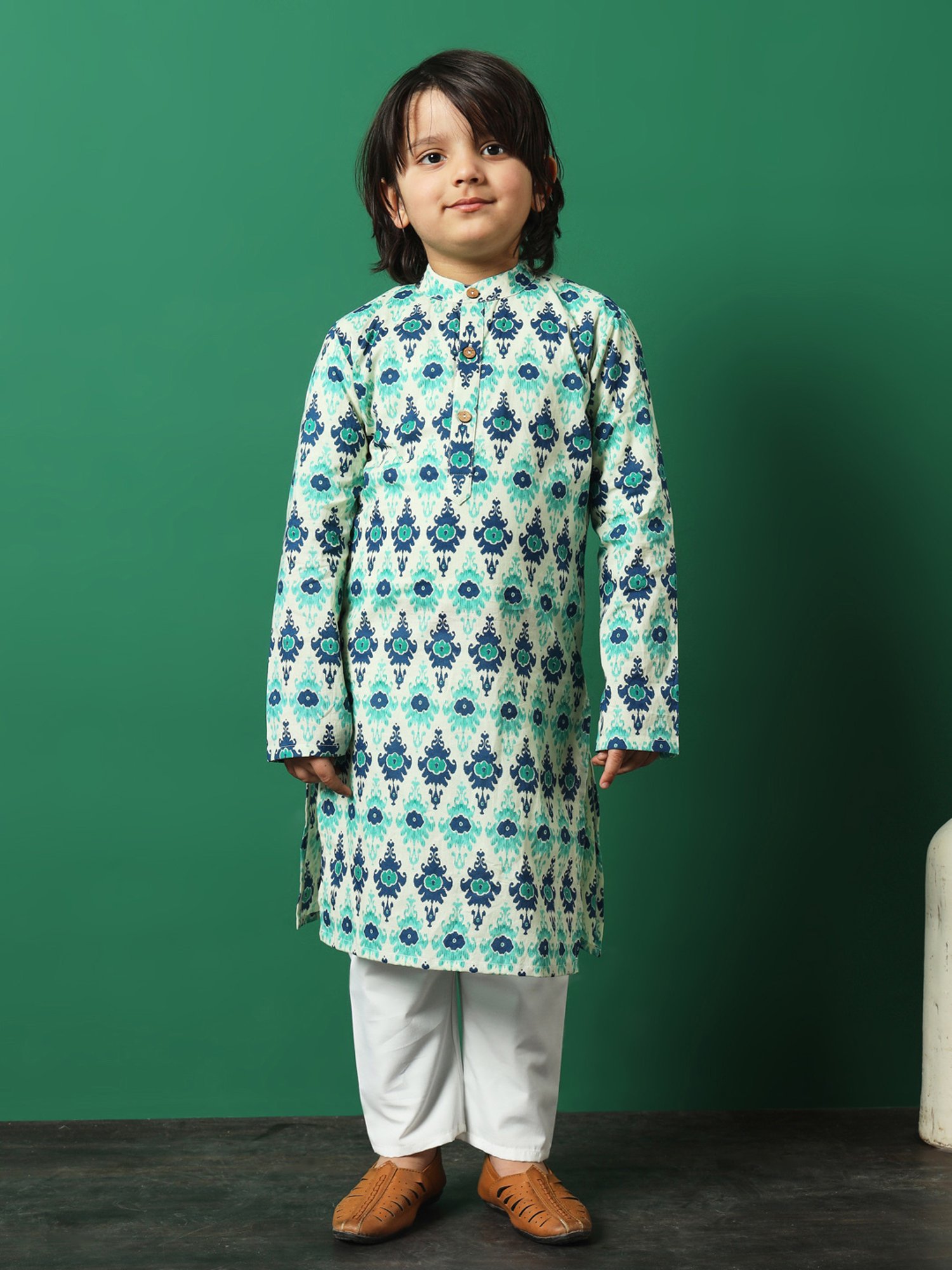 READIPRINT FASHIONS Kids Sea Green & White Printed Full Sleeves Kurta, Pyjamas with Jacket