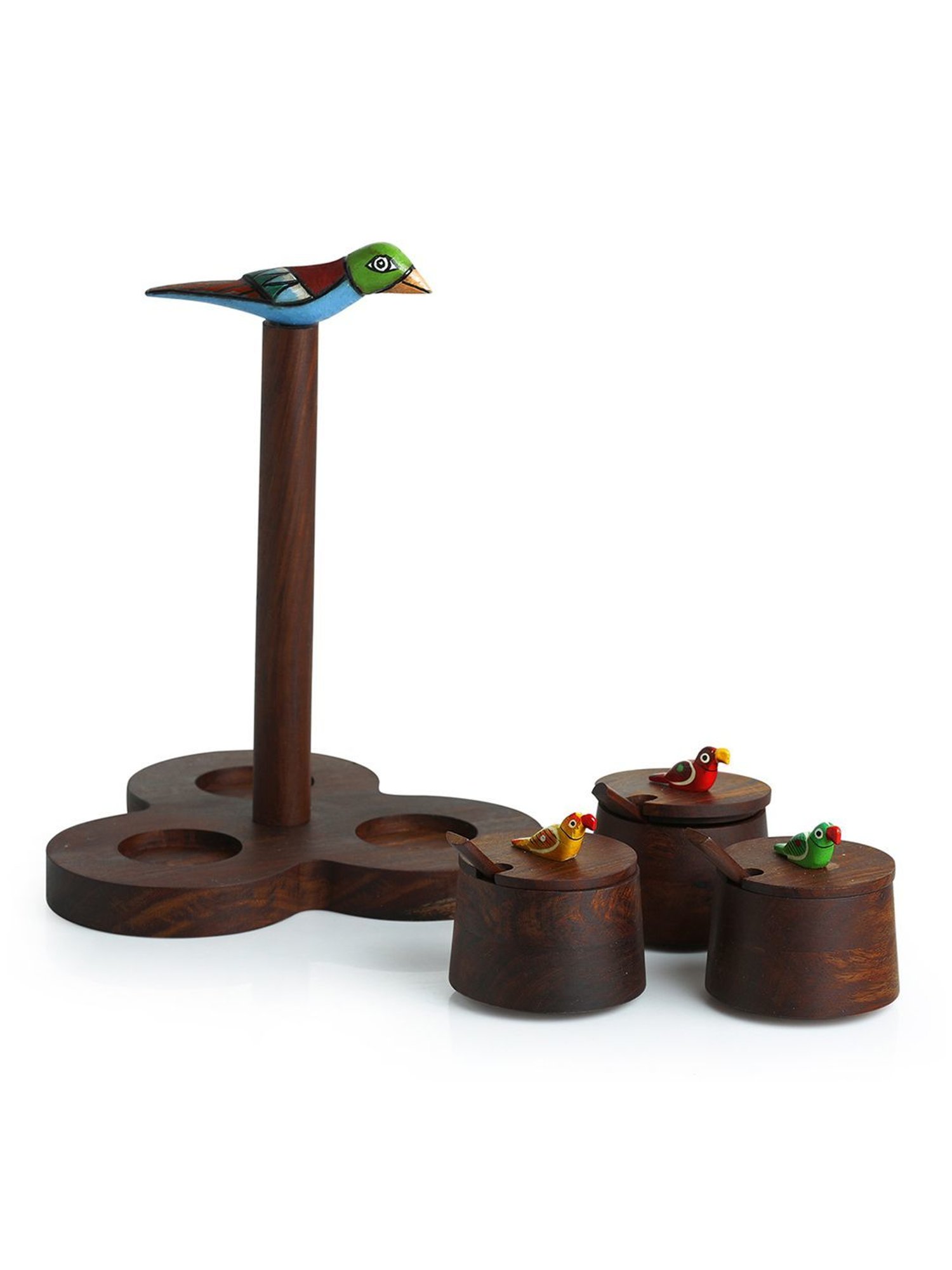 ExclusiveLane 'The Perched Family' Jar Set With Tray & Spoons In Sheesham Wood