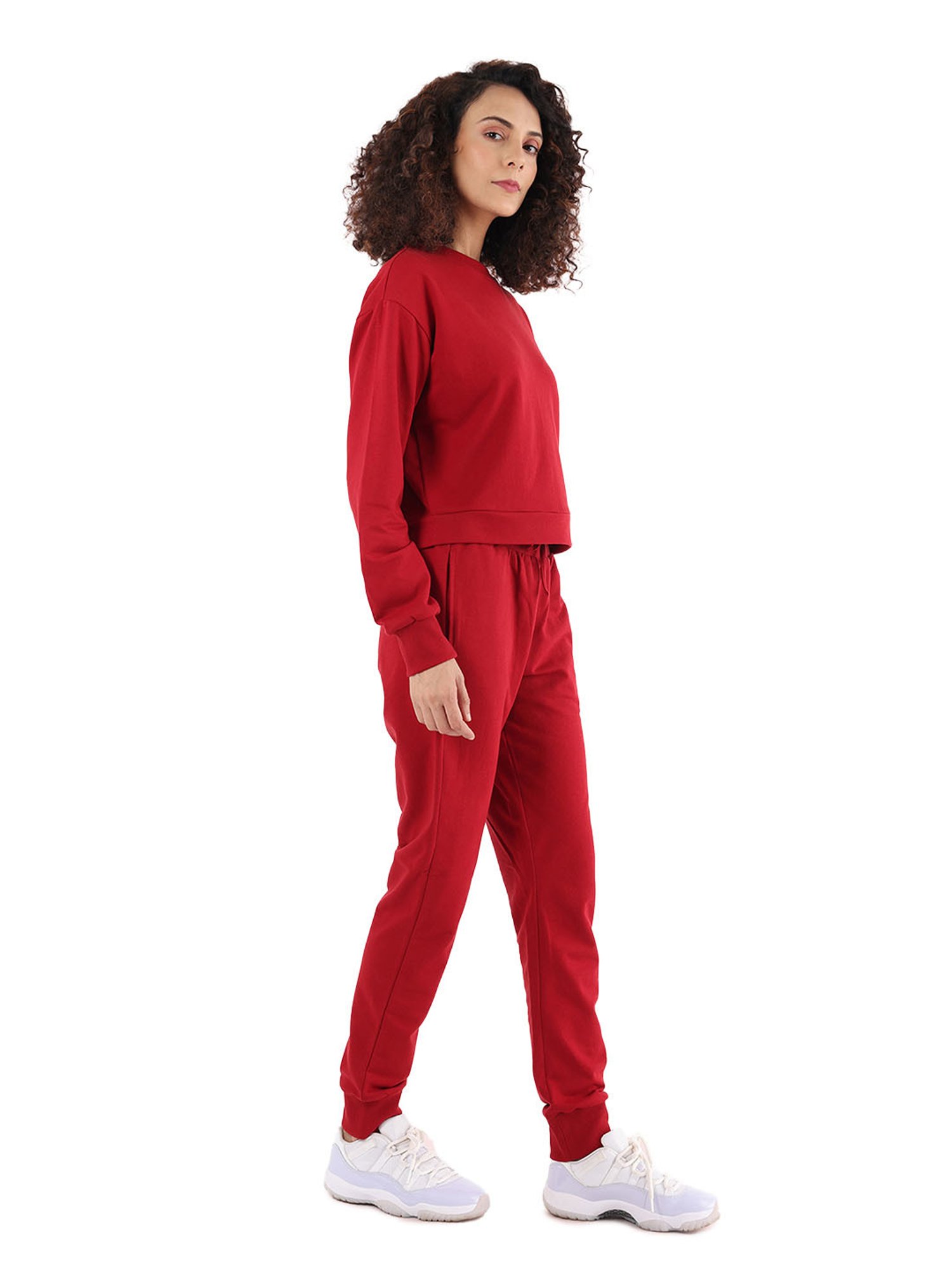 Nite Flite Maroon Cotton Crop Sweatshirt With Joggers