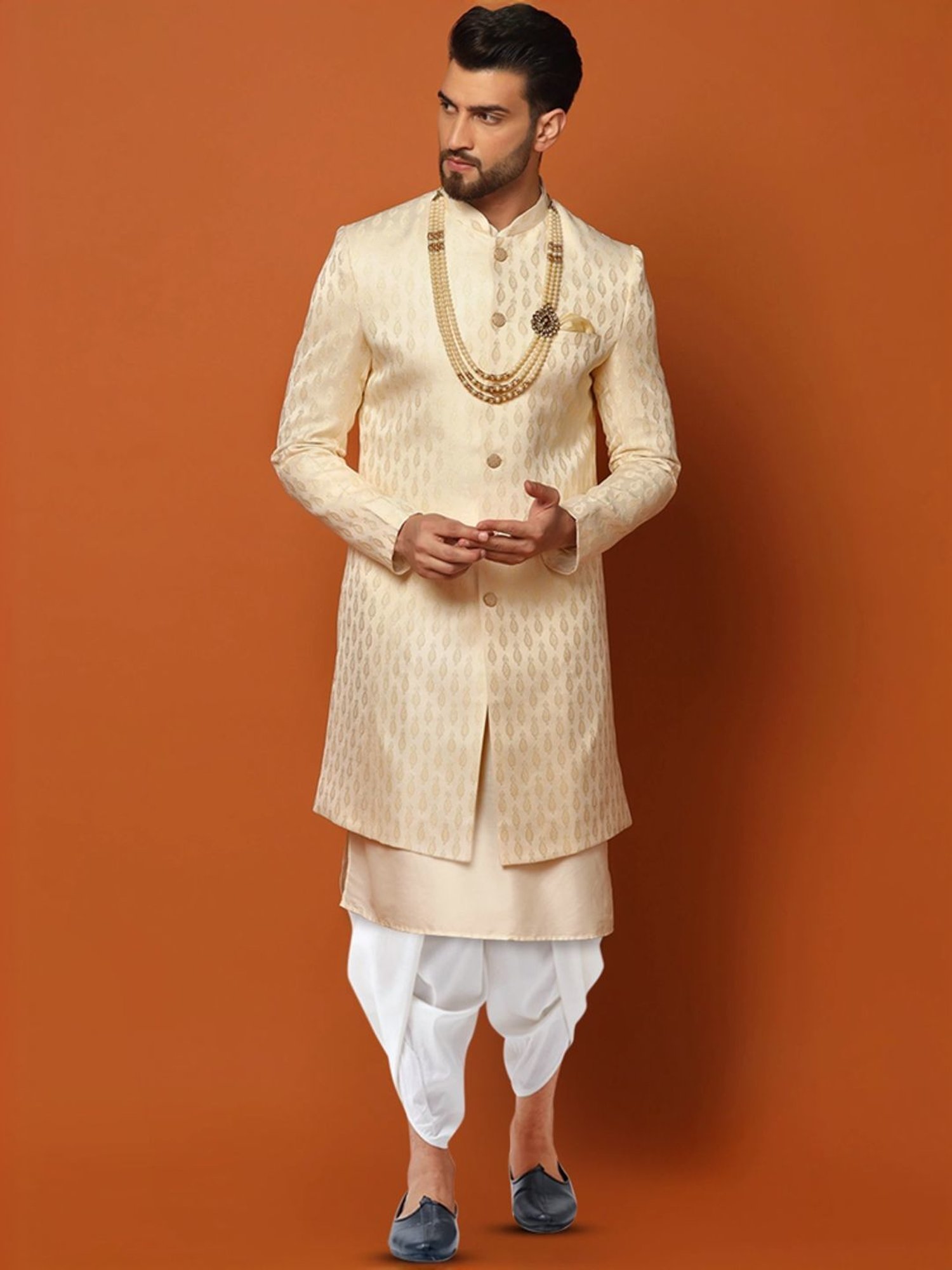 Kisah Beige & White Regular Fit Jacquard Sherwani Set