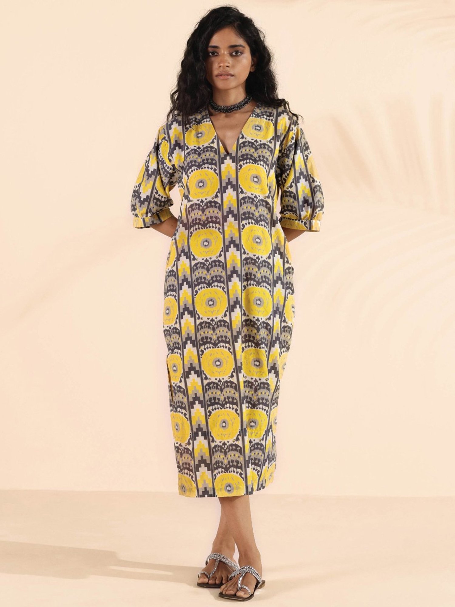 true Browns Grey & Yellow Printed A-Line Dress