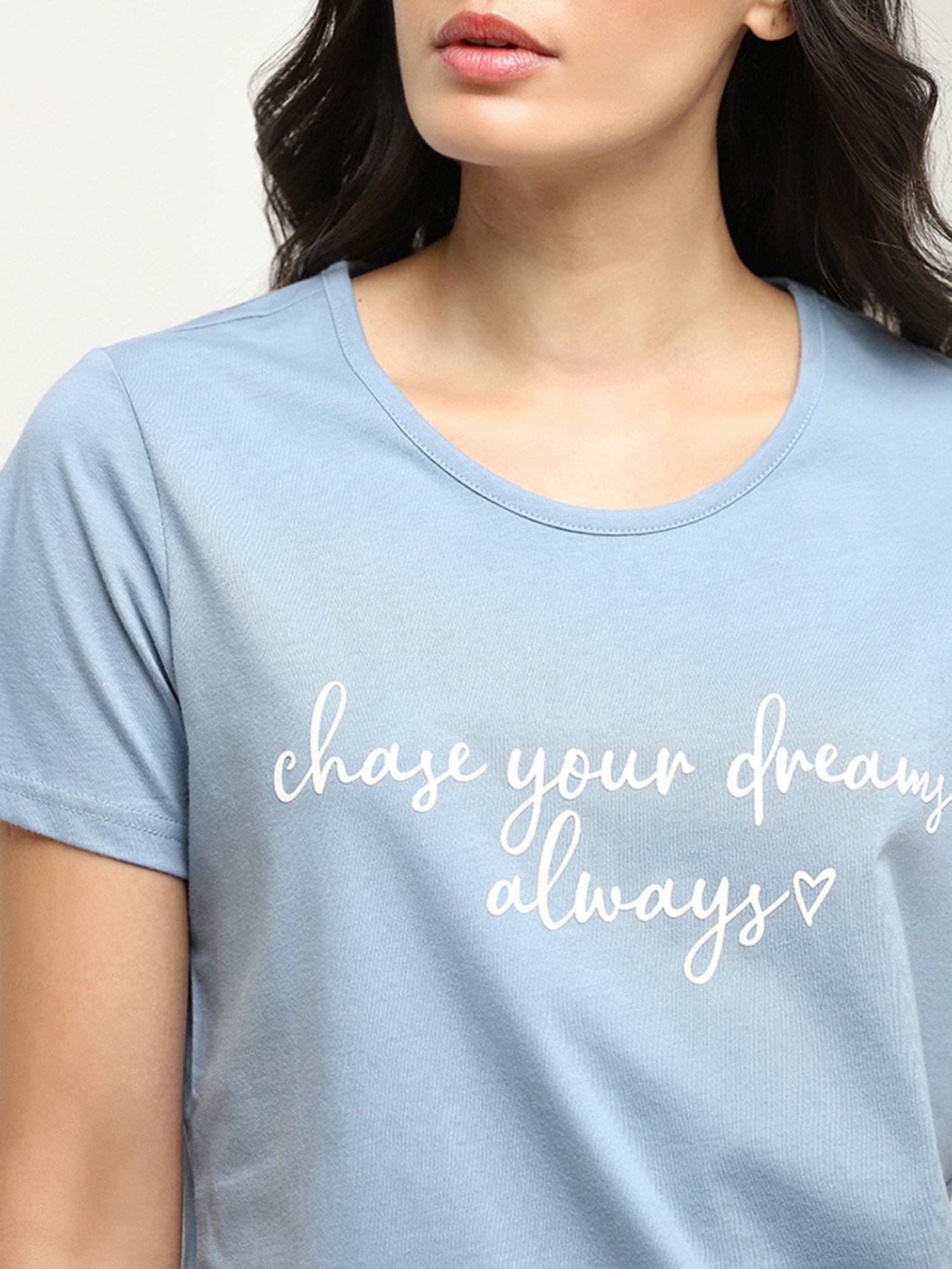 Wunderlove by Westside Dusty Blue Text Printed Cotton T-Shirt