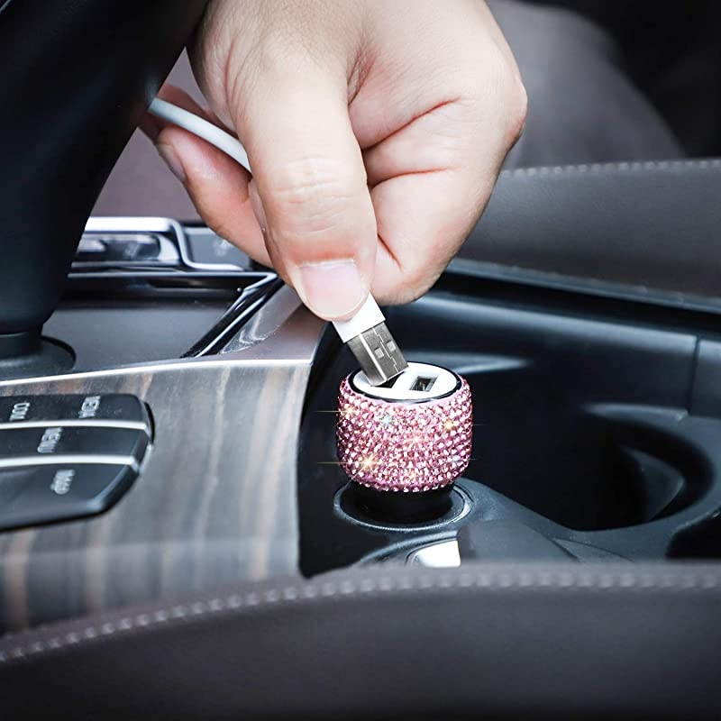 Dual USB Car Charger Car Adapter Bling Bling Rhinestones Crystal Car Decorations for Fast Charging Car Decors for iPhone Xs Max X Plus iPad ProMini Samsung