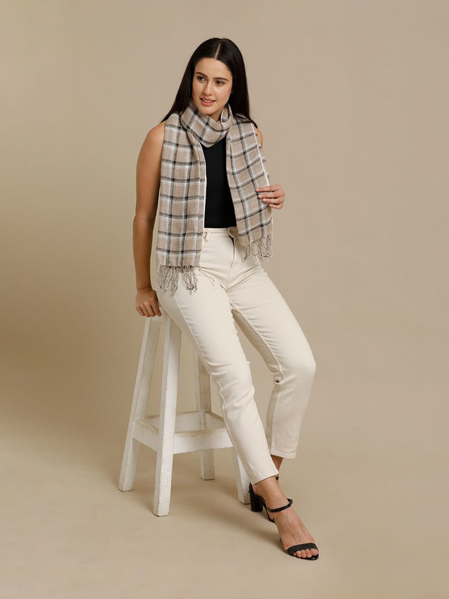 Linen Club Black Checks Pure Linen Stole