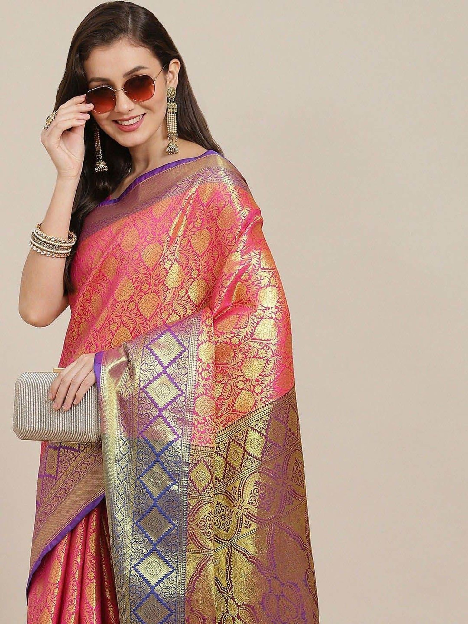 Silk Land Pink Woven Saree With Unstitched Blouse