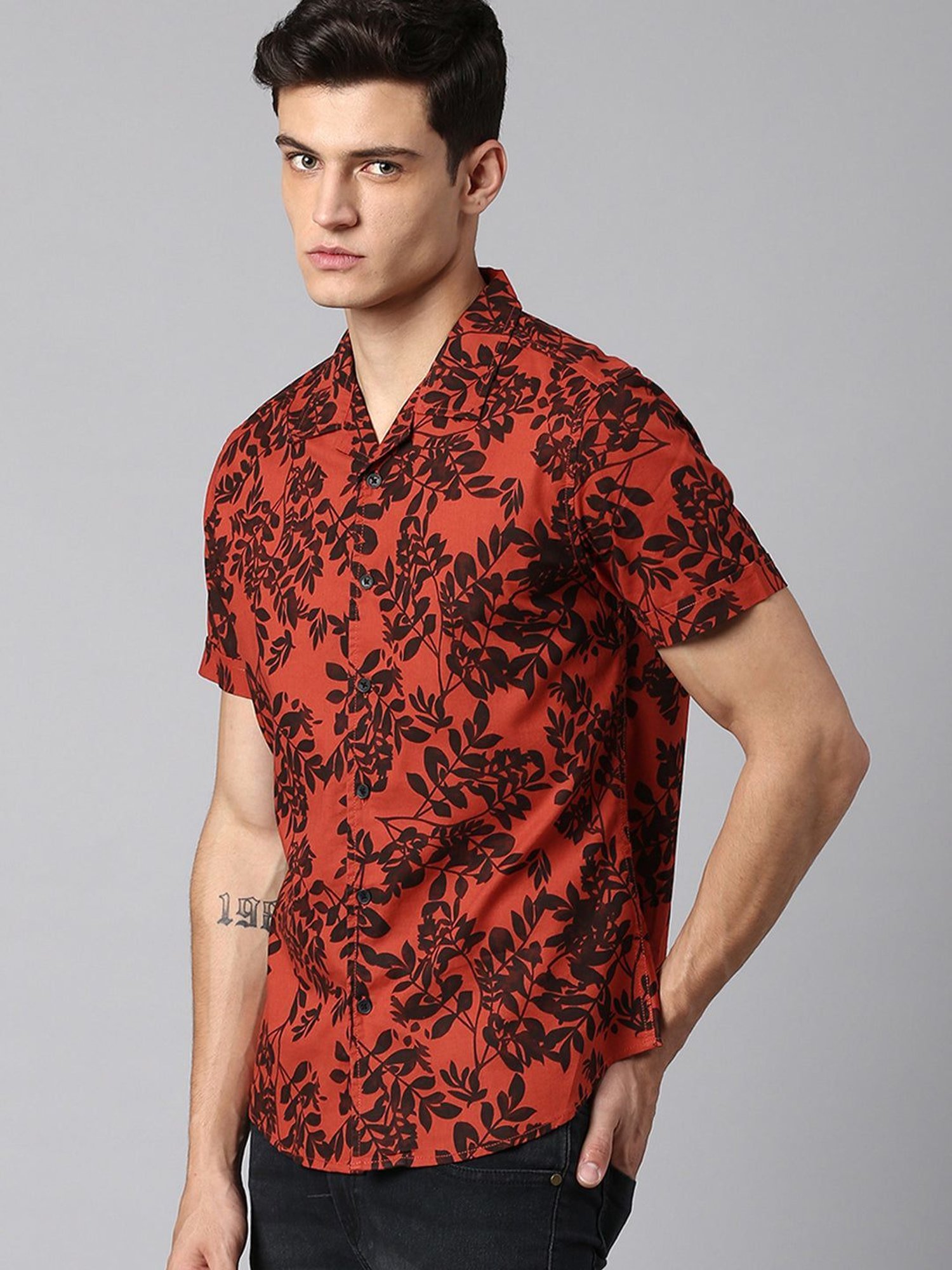 Dennis Lingo Red Cotton Slim Fit Printed Shirt