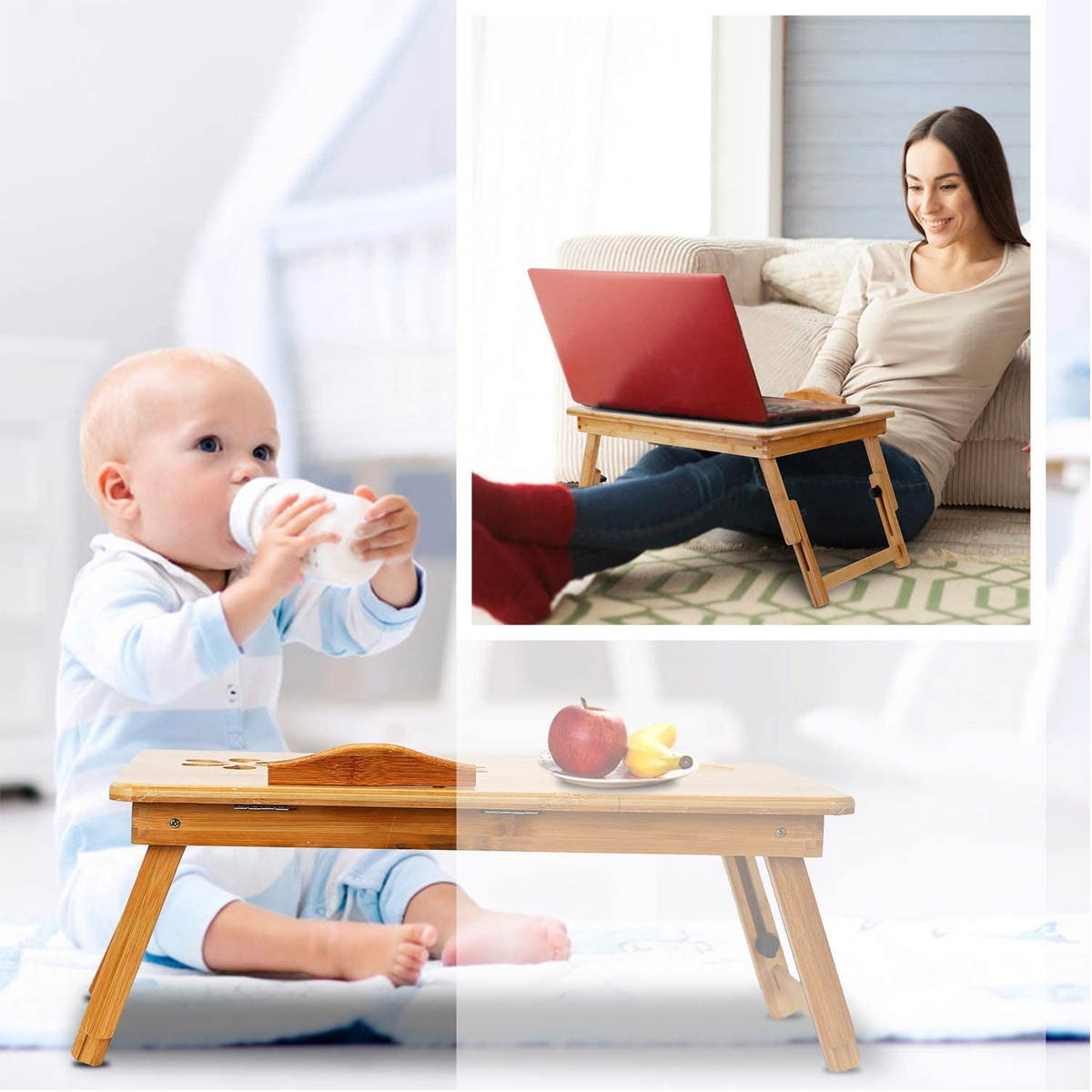 Adjustable Folding Bamboo Laptop Lap Bed Stand Table Desk Tray W/ Drawer (With 2 Fans)