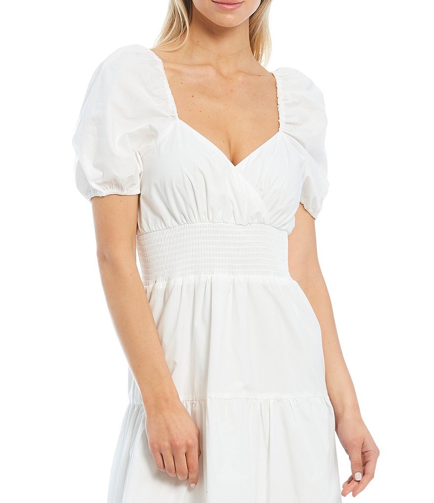A Loves A Puff Sleeves and Smocked Waist Tiered Poplin Dress