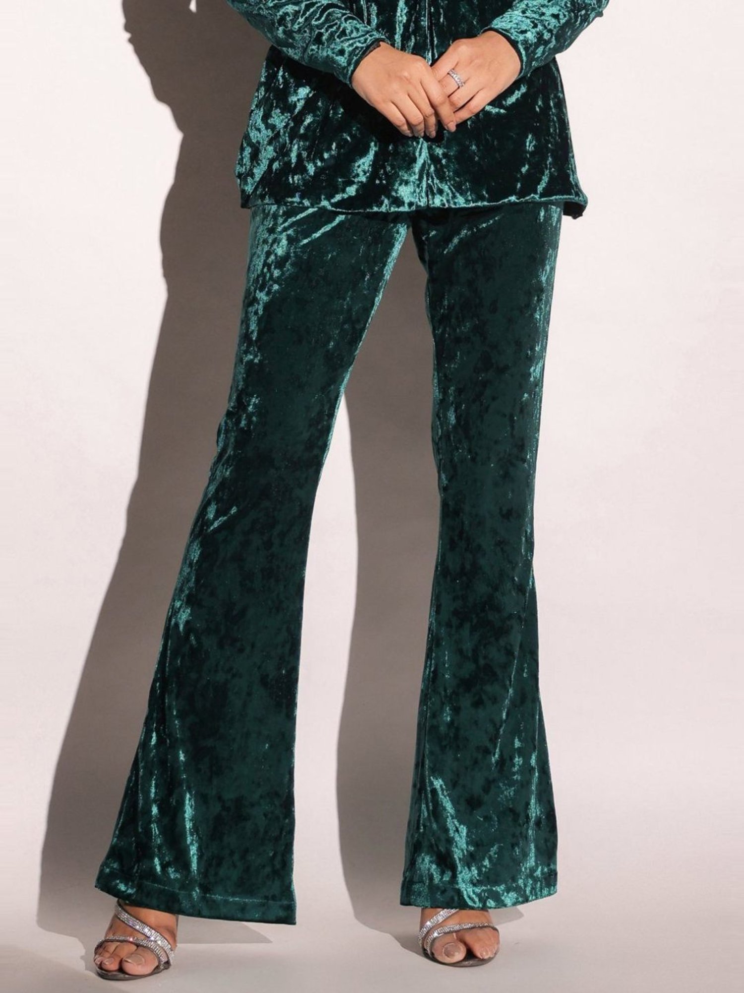 BInfinite Emerald Green Showtime Velvet Flared Trousers