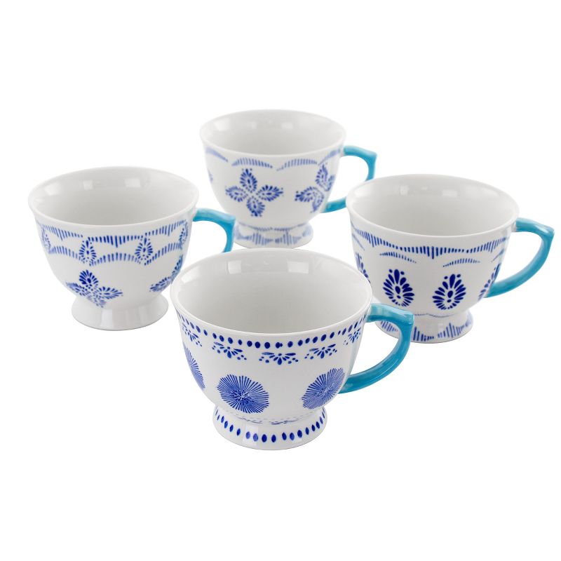 Meritage Indigo 4 Piece 16 Ounce Stoneware Footed Cup Set in White