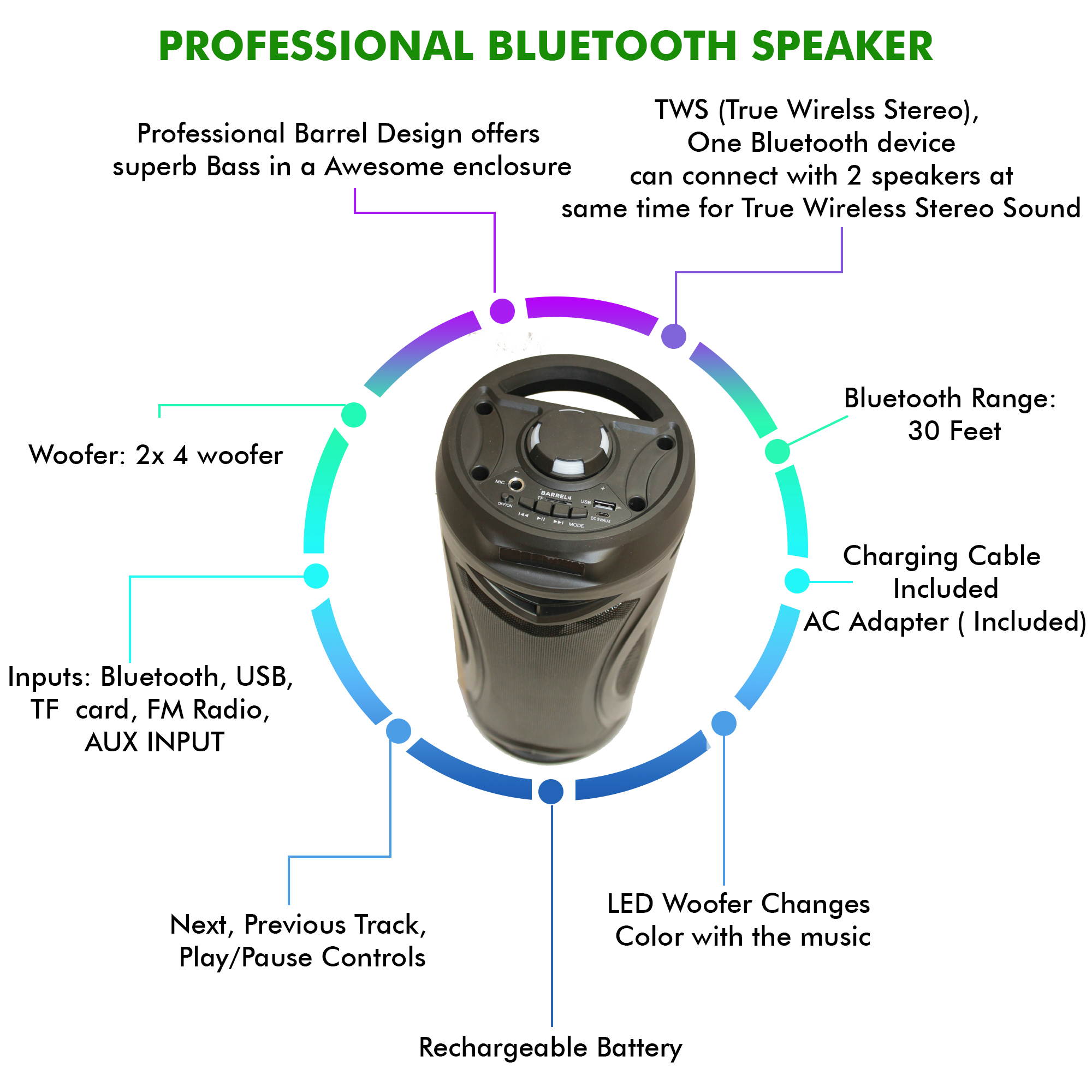 (Qty 2) Technical Pro Portable  Rechargeable Professional Bluetooth Speaker with USB, SD Input, 6H Playtime, Color Changing LED, 2 x 4 Woofer & Dust Proof Enclosure