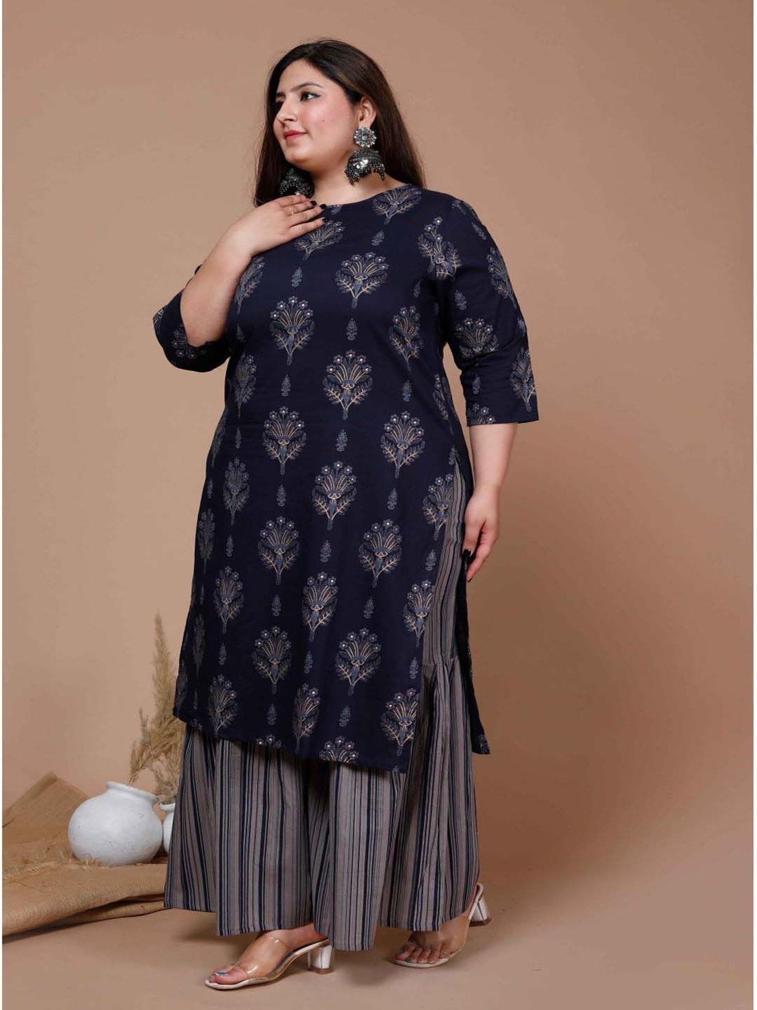 Miravan Blue Cotton Printed Kurta Palazzo Set