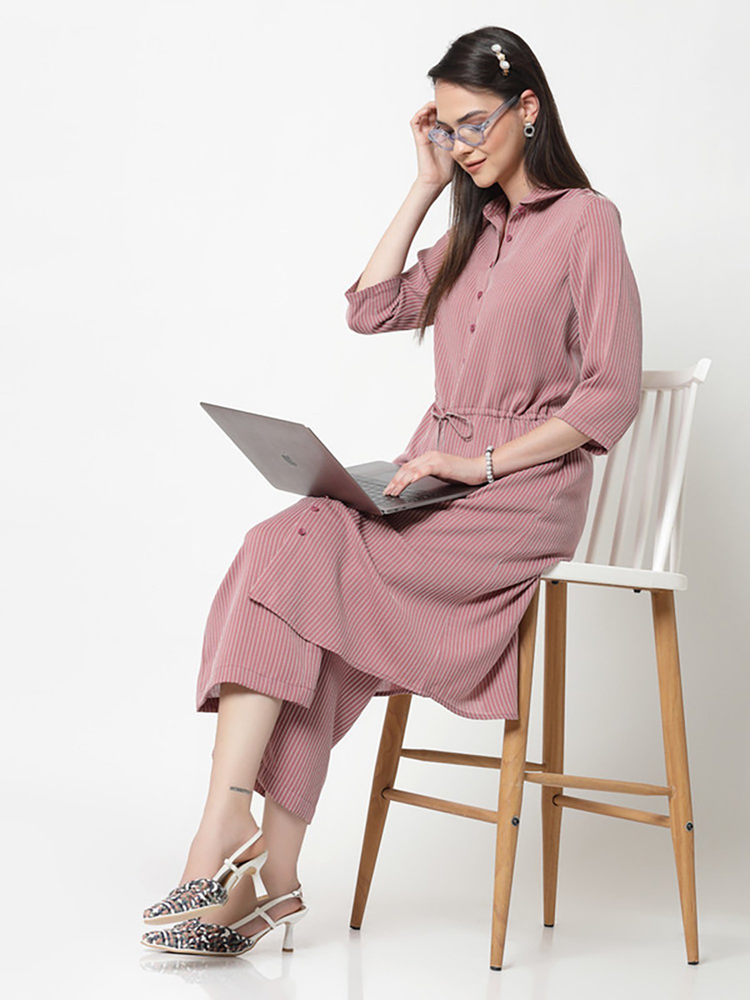 Office & You Pink Striped Regular Fit Mid Rise Palazzos