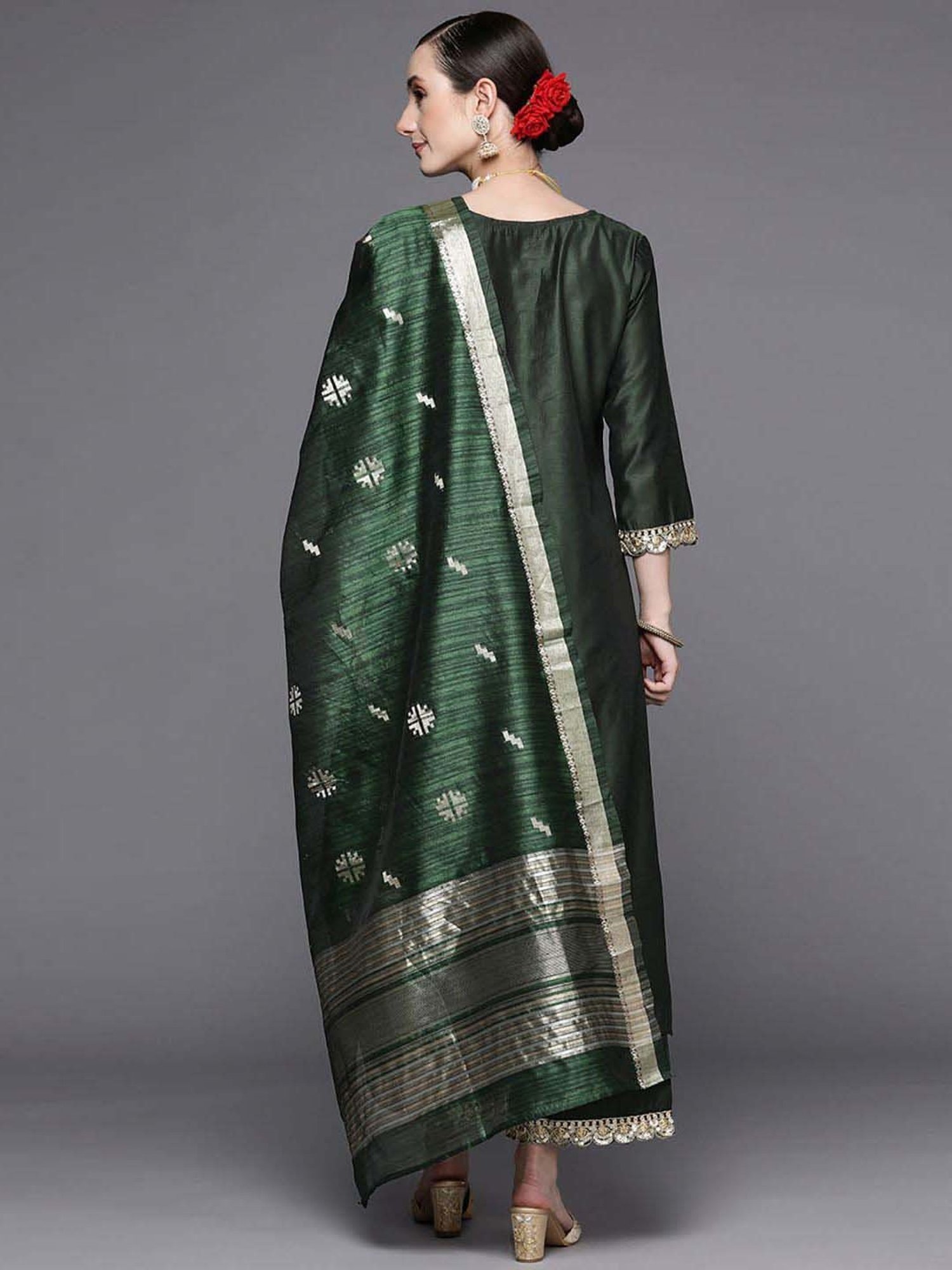 Indo Era Green Pure Cotton Kurta Palazzo Set With Dupatta