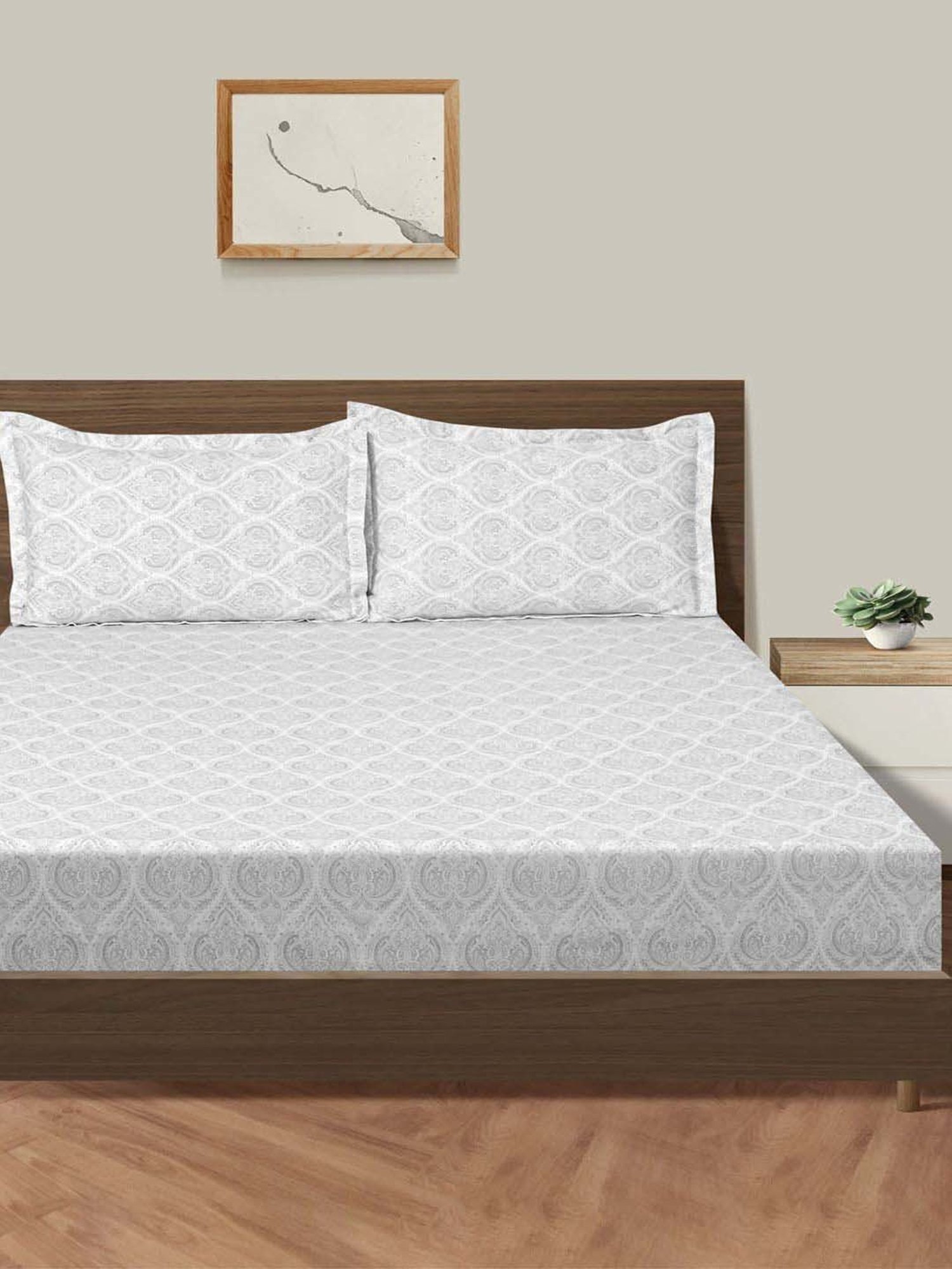 Swayam Grey Cotton 180 TC Double Size Bedsheet With Pillow Covers