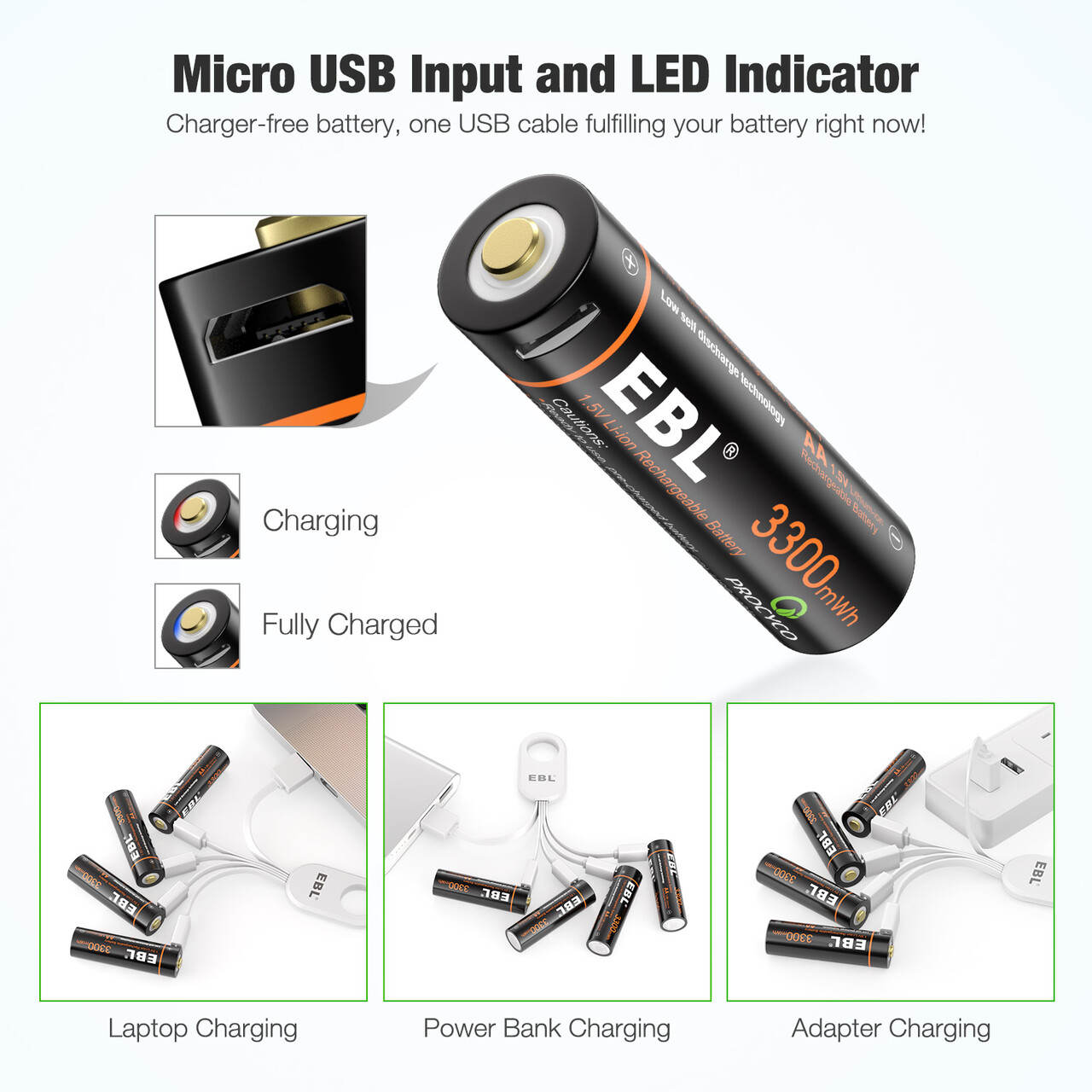 EBL 4 Pcs 3300mWh AA 1.5v Lit-ion Rechargeable Batteries Double A Lithium Battery with 4 in 1 Micro USB Charging Cable